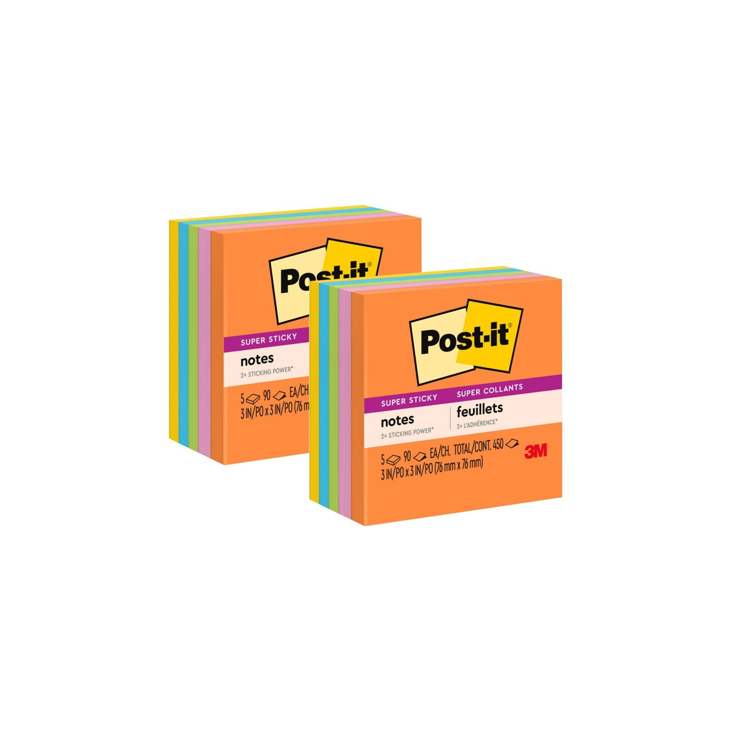 Post-it® Super Sticky Notes, 3 in x 3 in, Energy Boost Collection, 5 Pads/Pack, 2 Packs