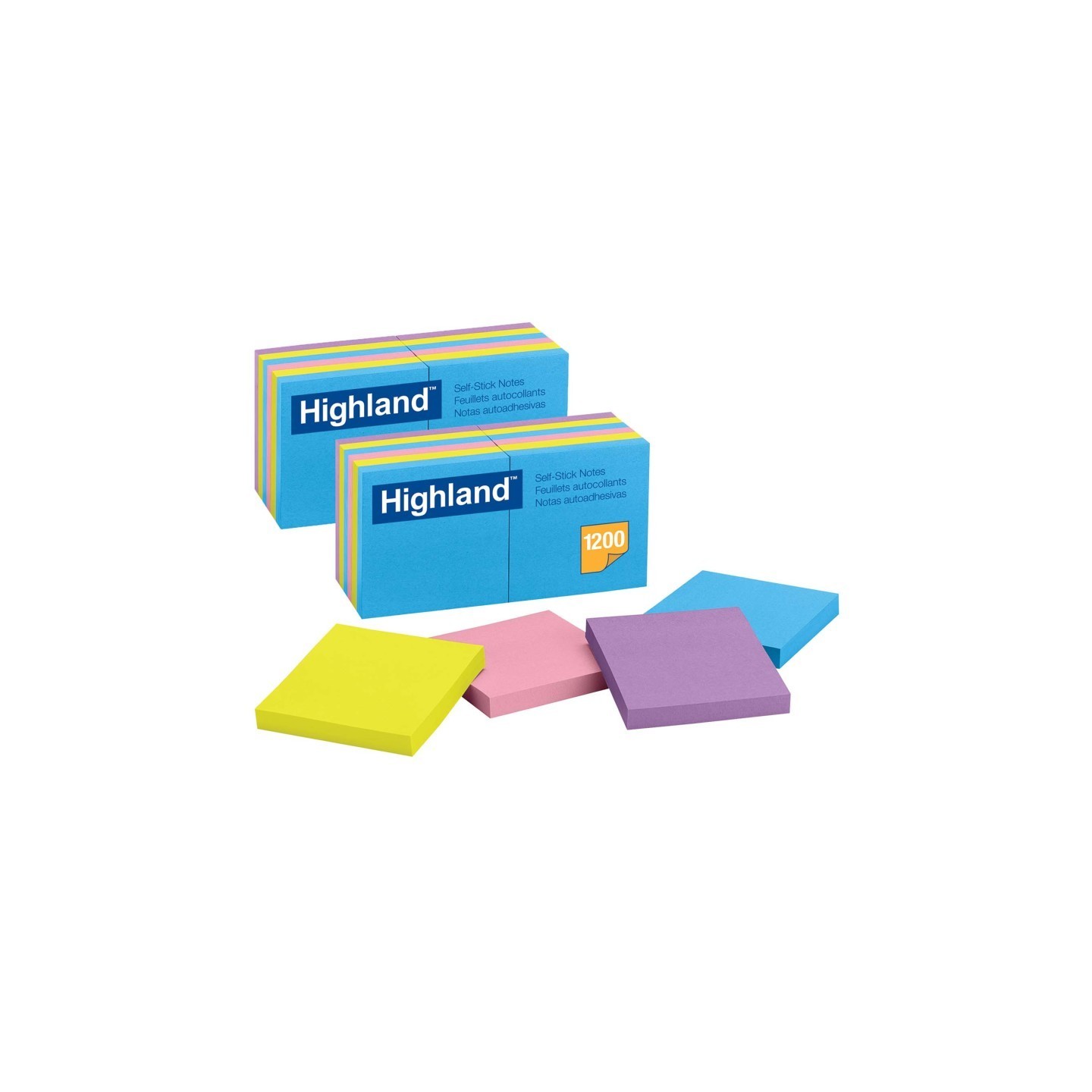 Highland™ Self-Stick Removable Notes, 3" x 3", Assorted Colors, 12 Pads/Pack, 2 Packs