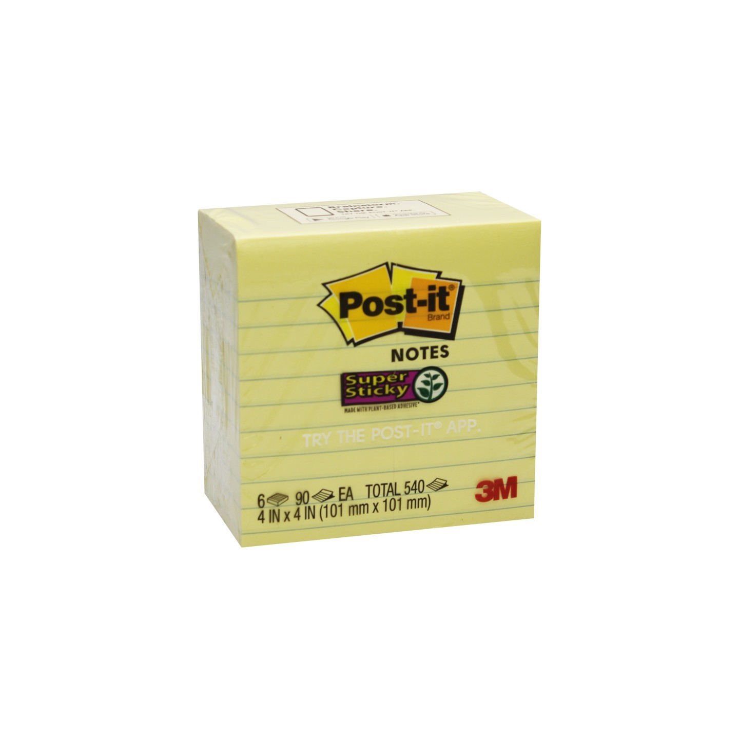 Post-it® Super Sticky Notes, 4" x 4", Canary Yellow, Lined, 90 Sheets Per Pad, 6 Pads