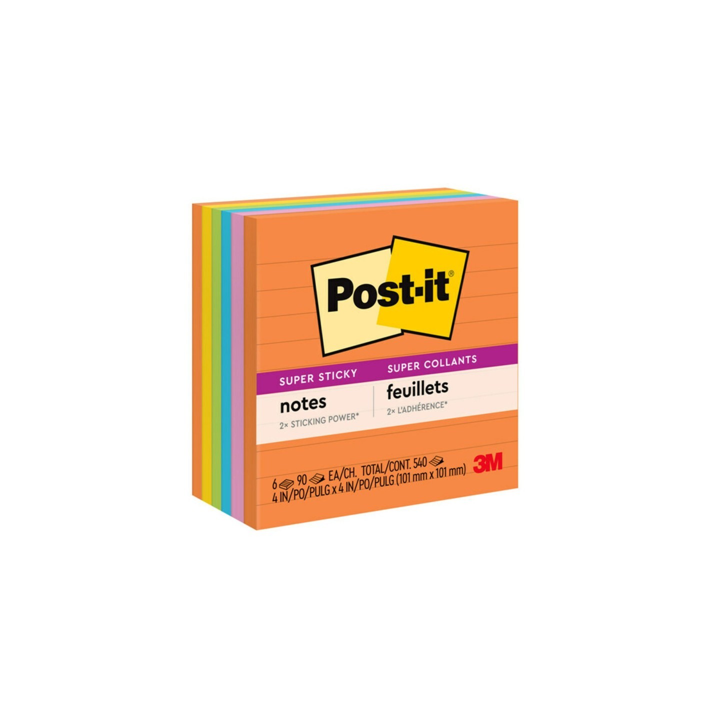 Post-it® Super Sticky Notes, Energy Boost Collection, 4" x 4" Lined, 90 Sheets/Pad, 6 Pads