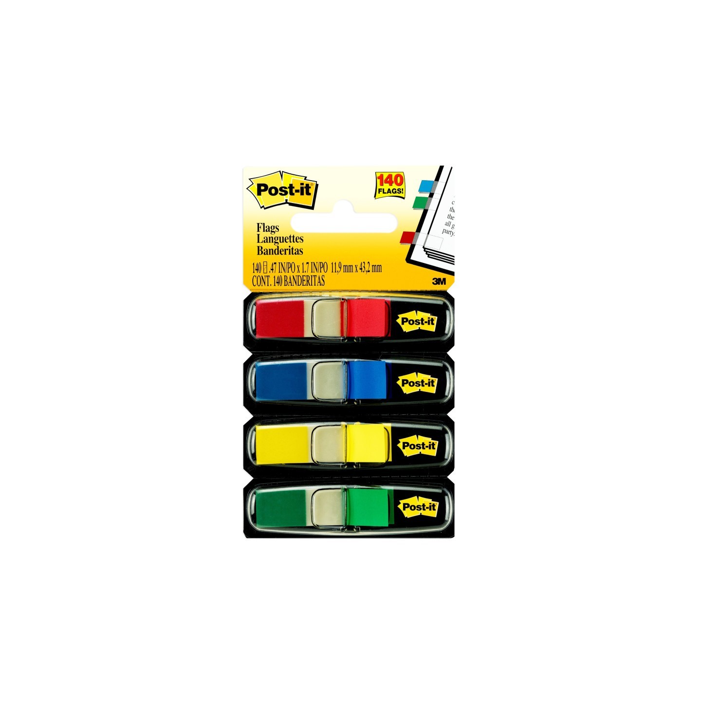 Post-it® Flags, Assorted Primary Colors, .47 in. Wide, 35 Flags/Dispenser, 4 Dispensers/Pack