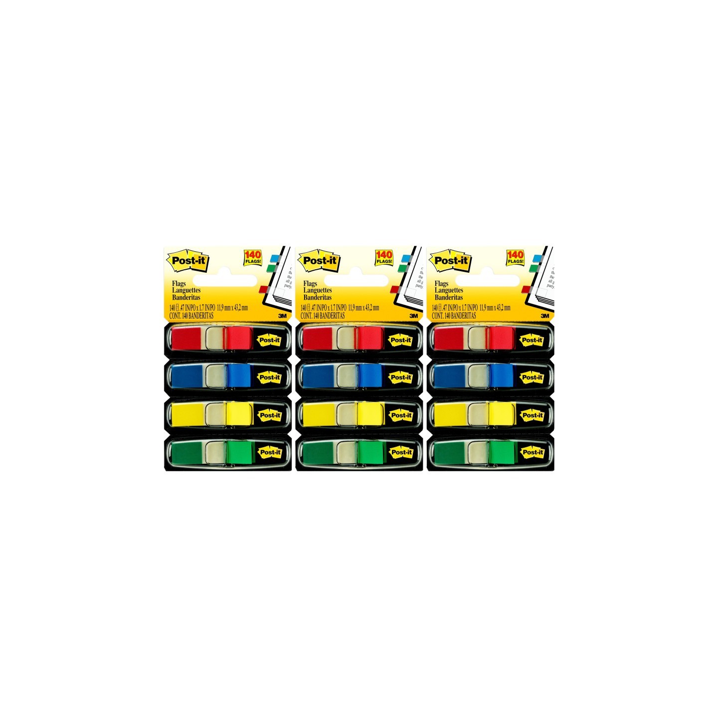 Post-it® Flags, Assorted Primary Colors, .47 in. Wide, 35 Flags/Dispenser, 4 Dispensers/Pack, 3 Packs