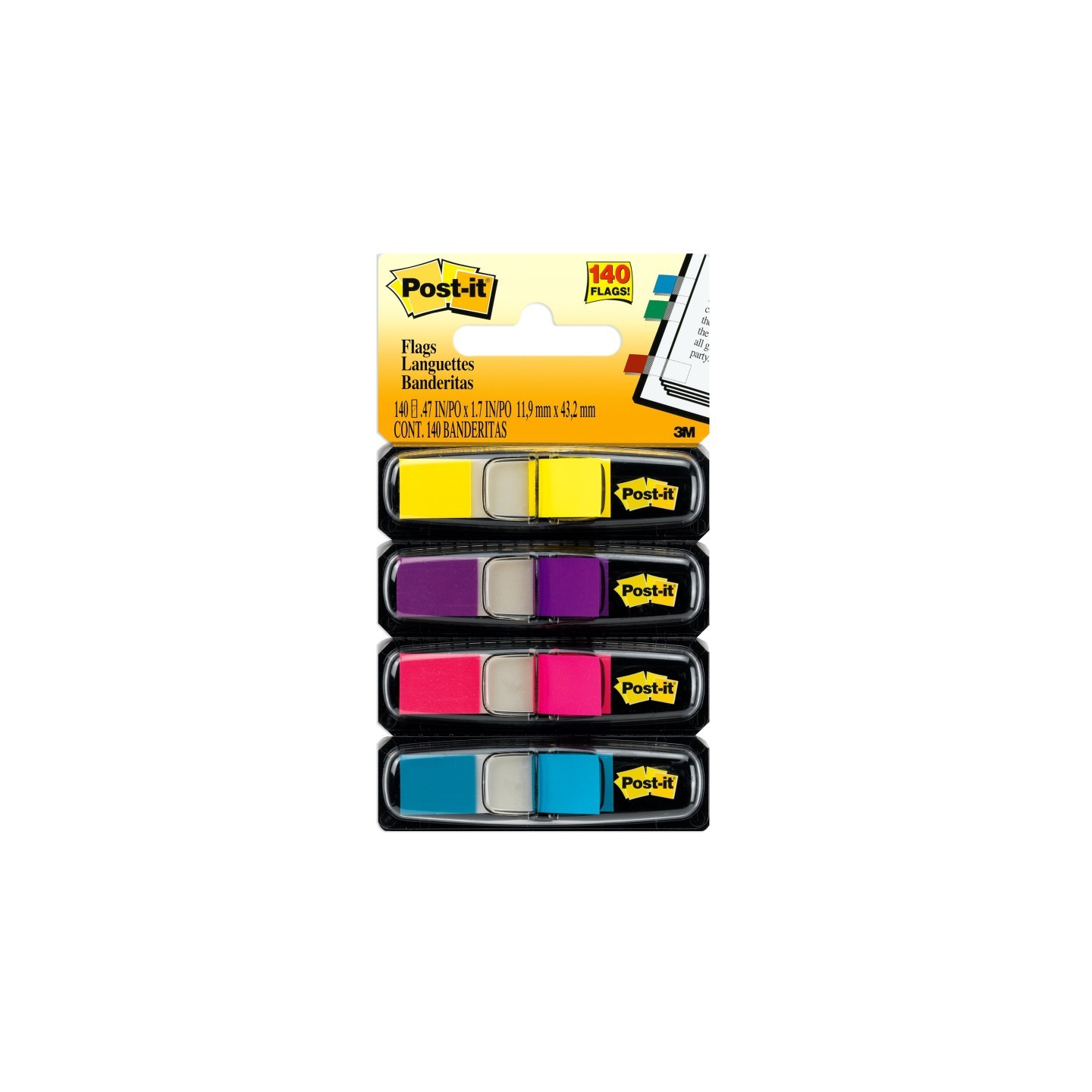 Post-it® Highlighting Flags, Bright Colors, .47 in. Wide, 35 Flags/Dispenser, 4 Dispensers/Pack