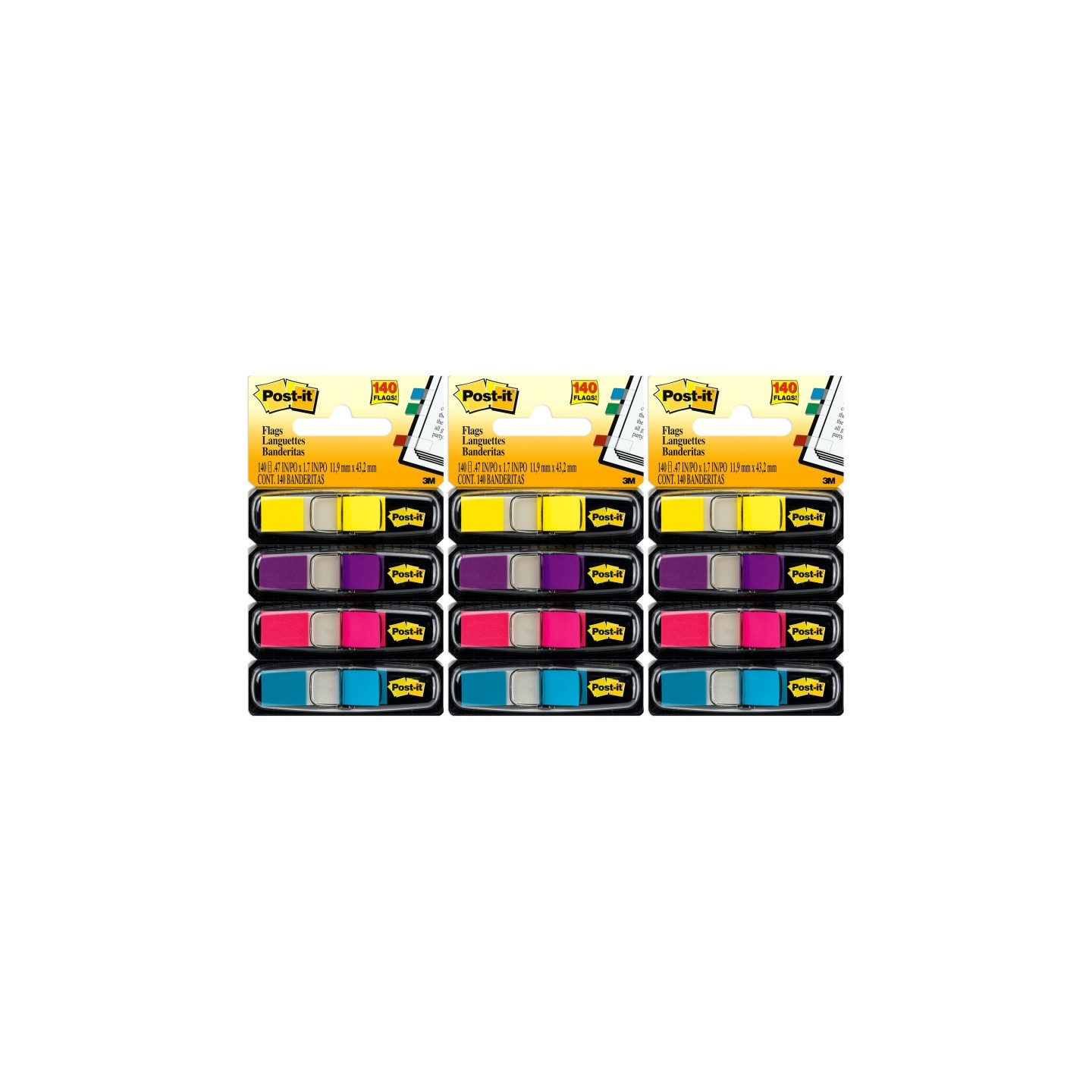 Post-it® Highlighting Flags, Bright Colors, .47 in. Wide, 35 Flags/Dispenser, 4 Dispensers/Pack, 3 Packs