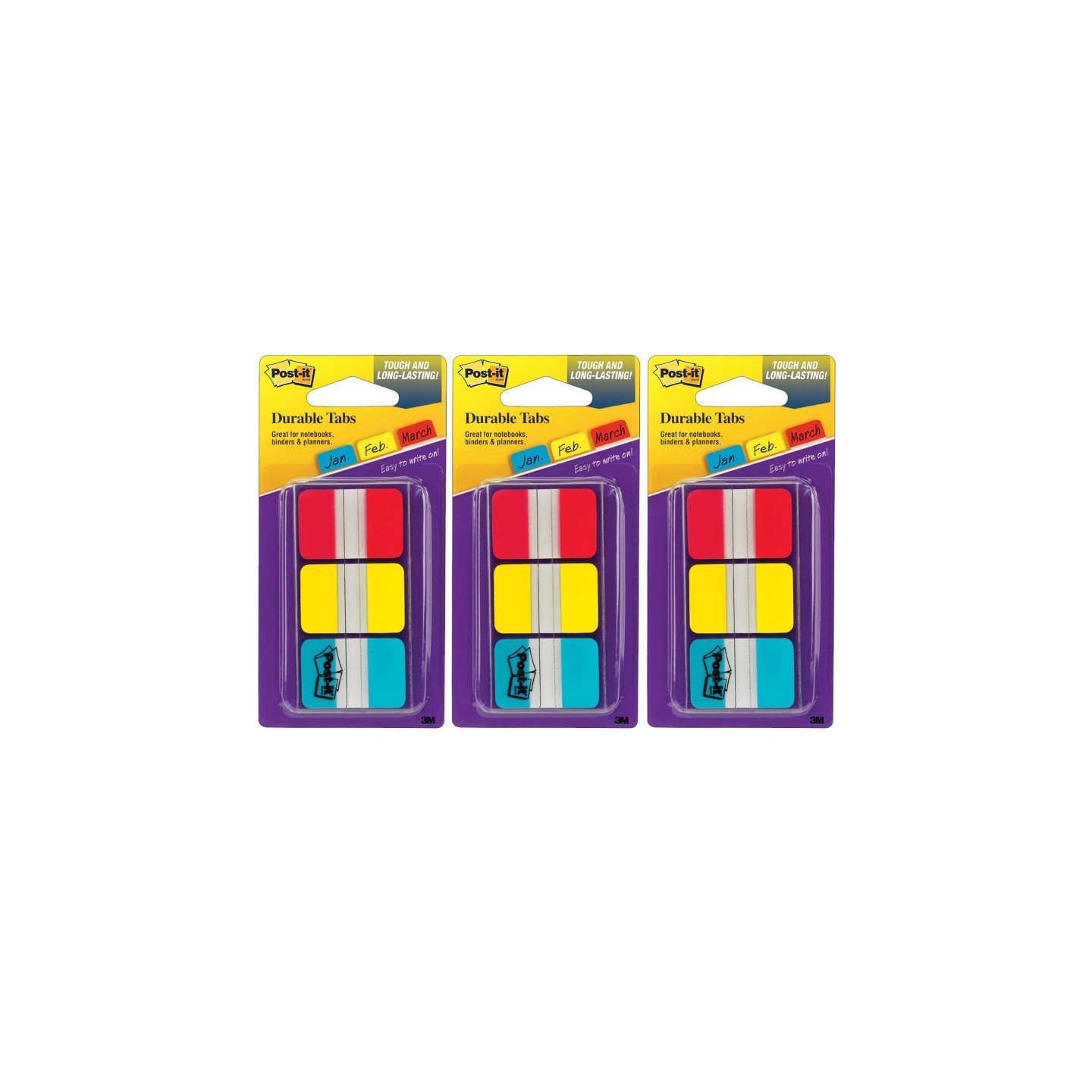 Post-it® Tabs, 1" Solid, Red, Yellow, Blue, 66 Tabs & Dispenser Per Pack, 3 Packs