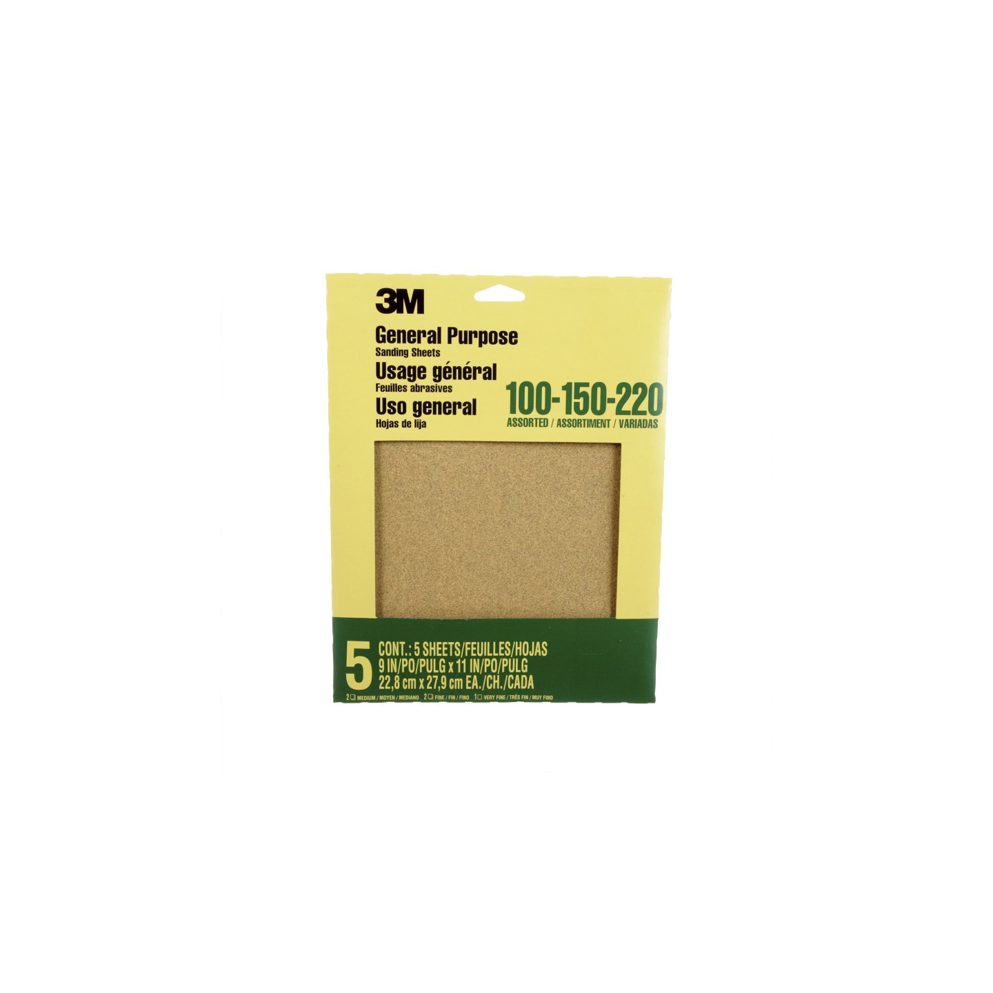 3M® General Purpose Sanding Sheets, 100, 150, 200 Grit Assortment, 9" x 11", 5 Sheets