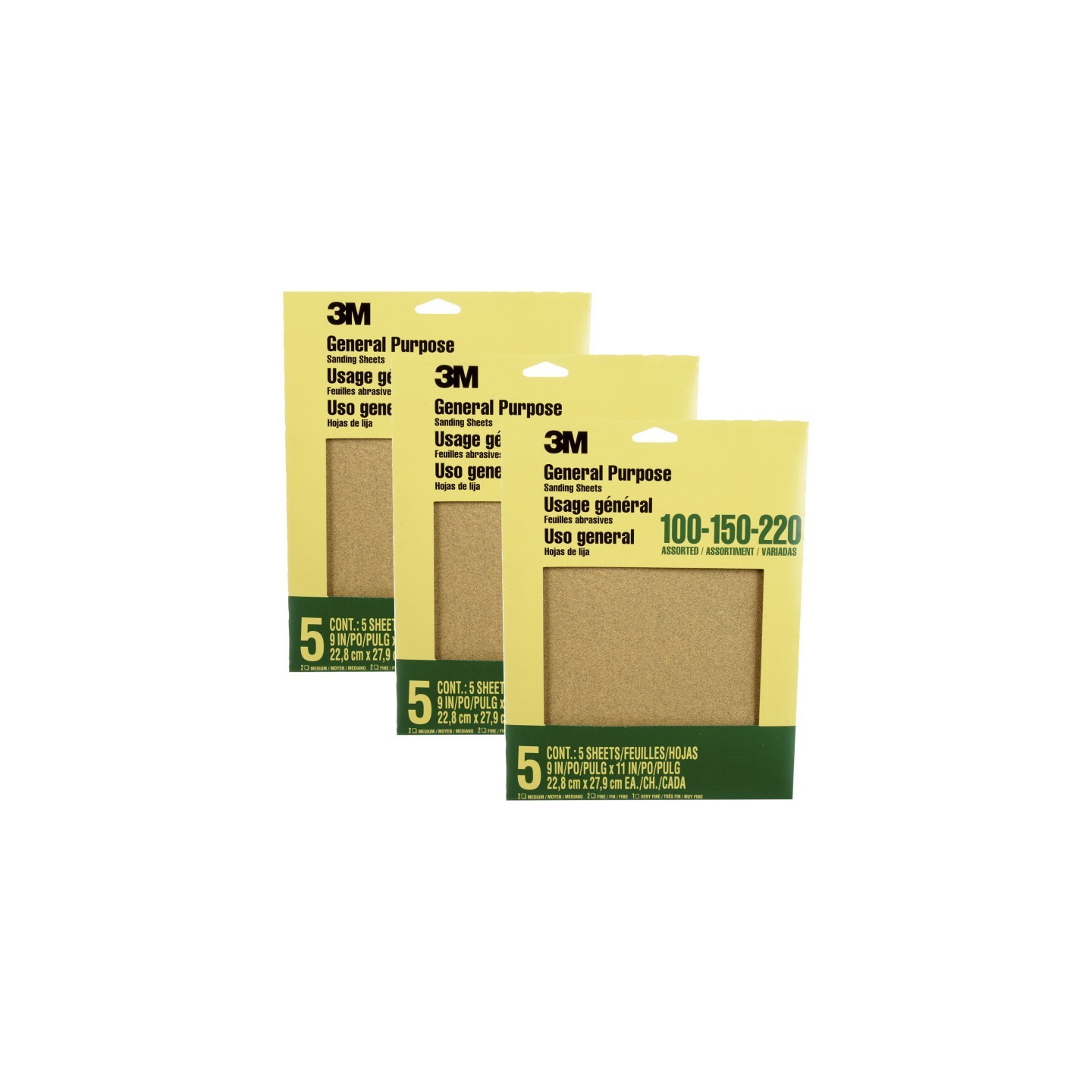 3M® General Purpose Sanding Sheets, 100, 150, 200 Grit Assortment, 9x11 in, 5 Sheets Per Set, 3 Sets