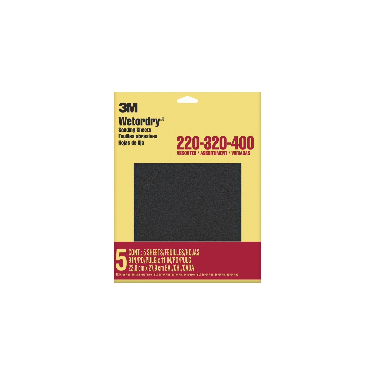 3M® Wetordry™ Sandpaper, 220, 320, 400 Grit Assortment, 9" x 11", 5 Sheets