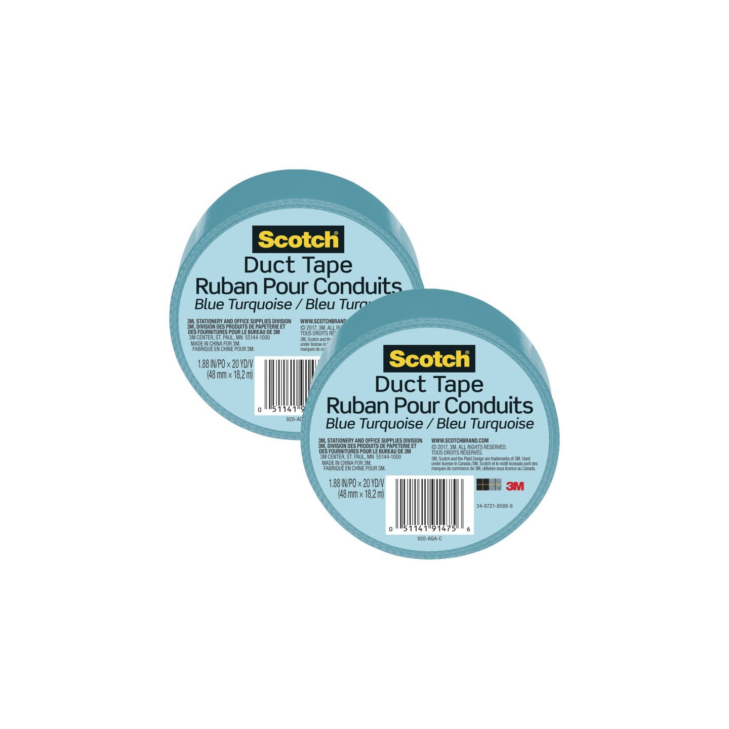 Scotch® Duct Tape for Artists, 1.88 in x 20 yd (48 mm x 18.2 m), Blue Turquoise, Pack of 2