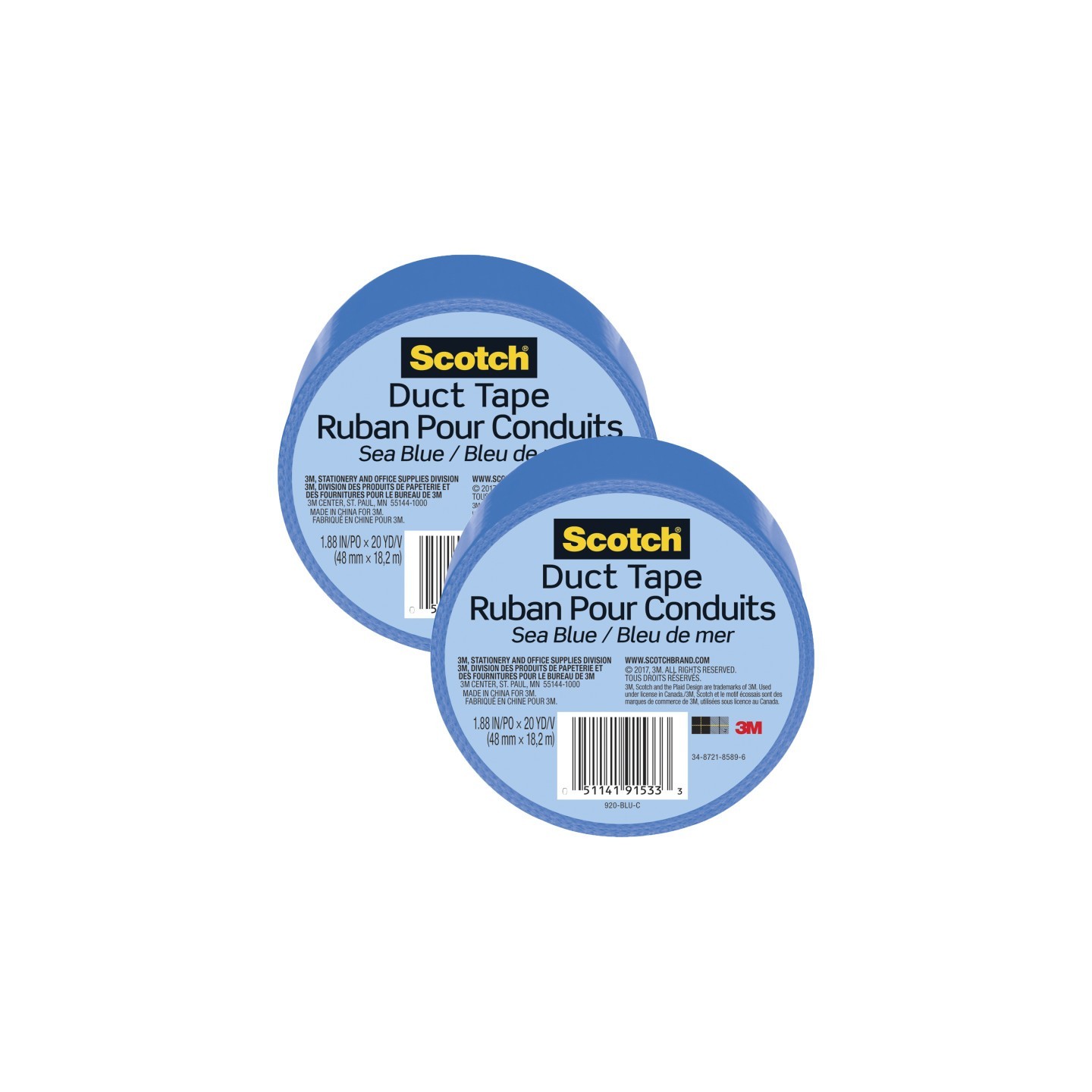 Scotch® Duct Tape for Artists, 1.88 in x 20 yd (48 mm x 18.2 m), Sea Blue, Pack of 2