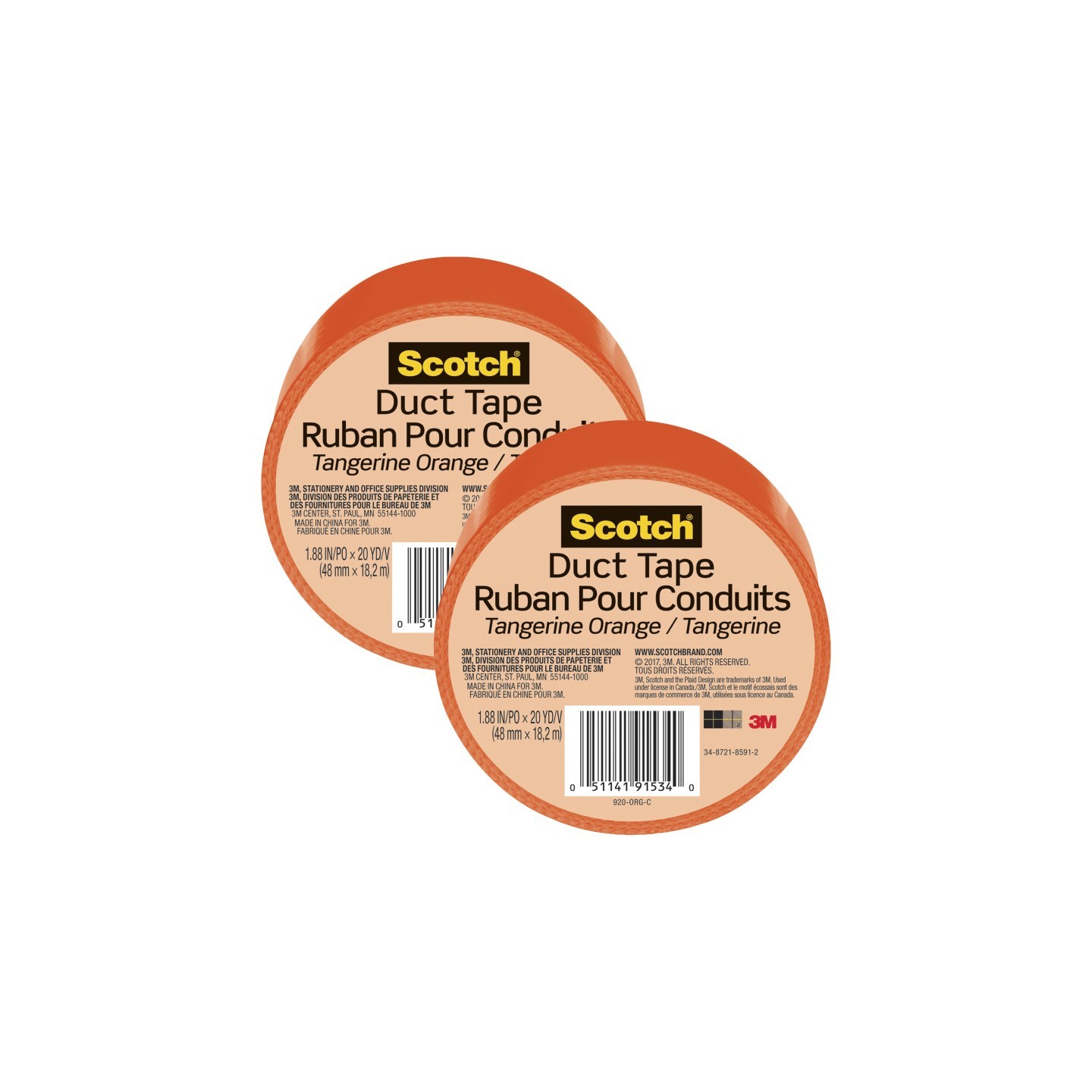 Scotch® Duct Tape for Artists, 1.88 in x 20 yd (48 mm x 18.2 m), Tangerine Orange, Pack of 2