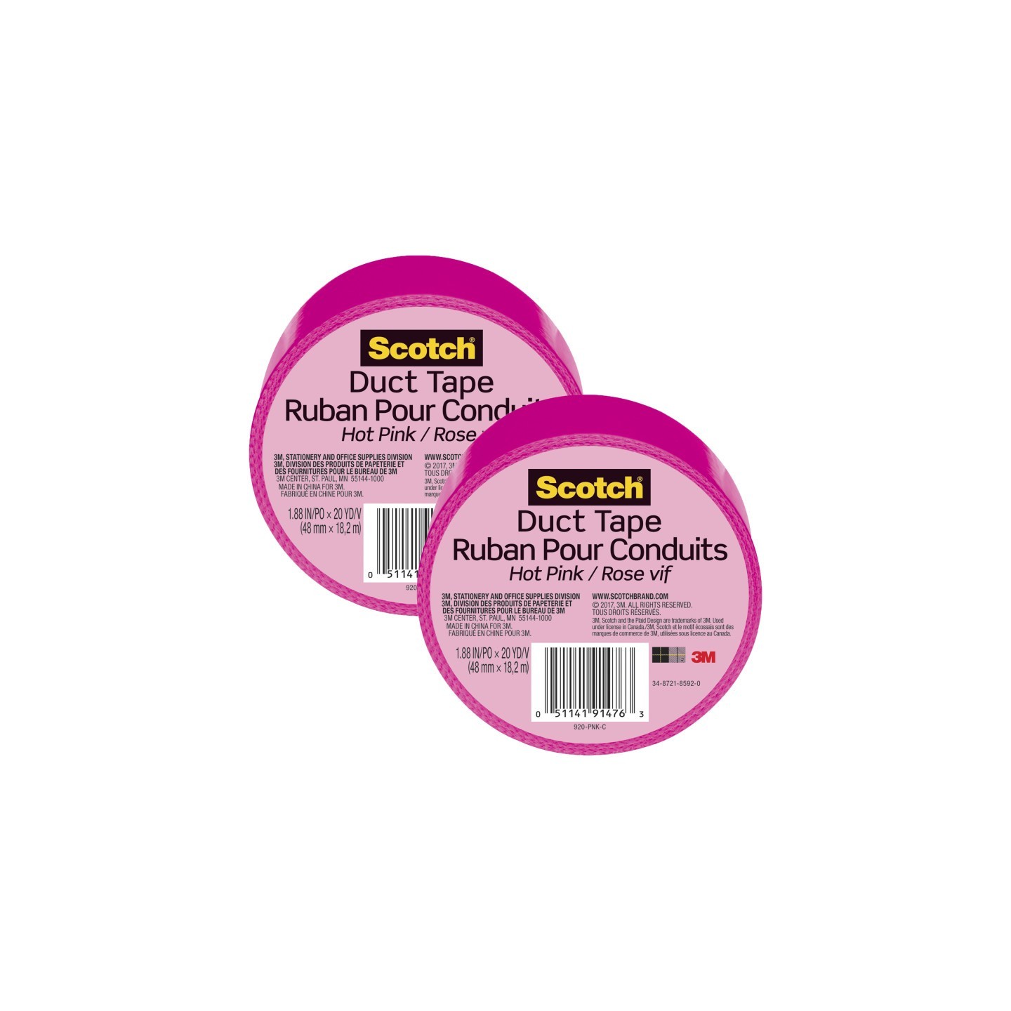 Scotch® Duct Tape for Artists, 1.88 in x 20 yd (48 mm x 18.2 m), Pink, Pack of 2