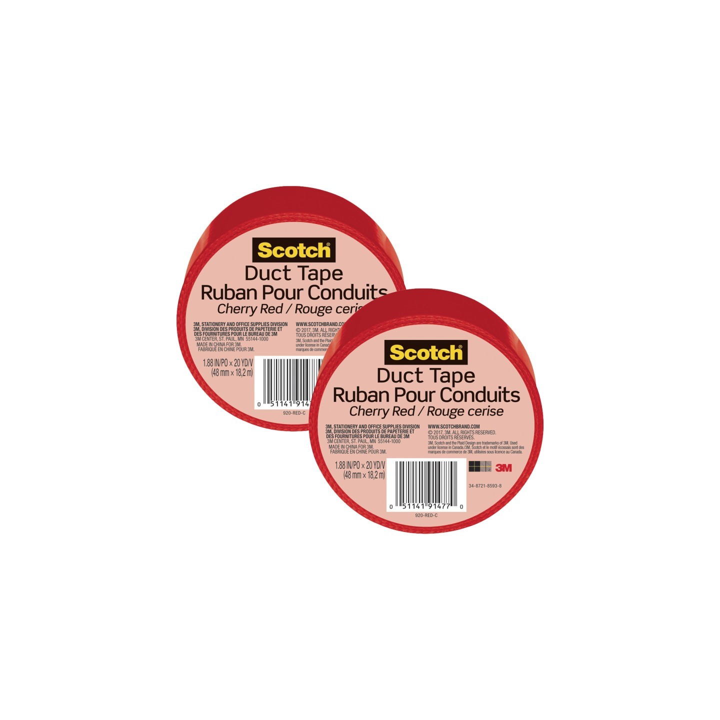 Scotch® Duct Tape for Artists, 1.88 in x 20 yd (48 mm x 18.2 m), Cherry Red, Pack of 2