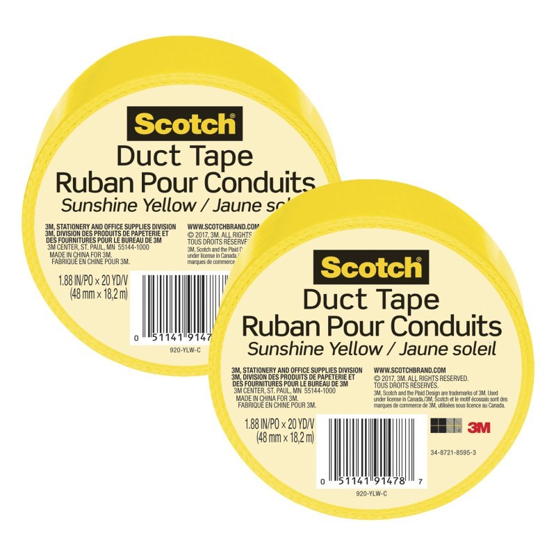 Scotch® Duct Tape for Artists, 1.88 in x 20 yd (48 mm x 18.2 m), Sunshine Yellow, Pack of 2