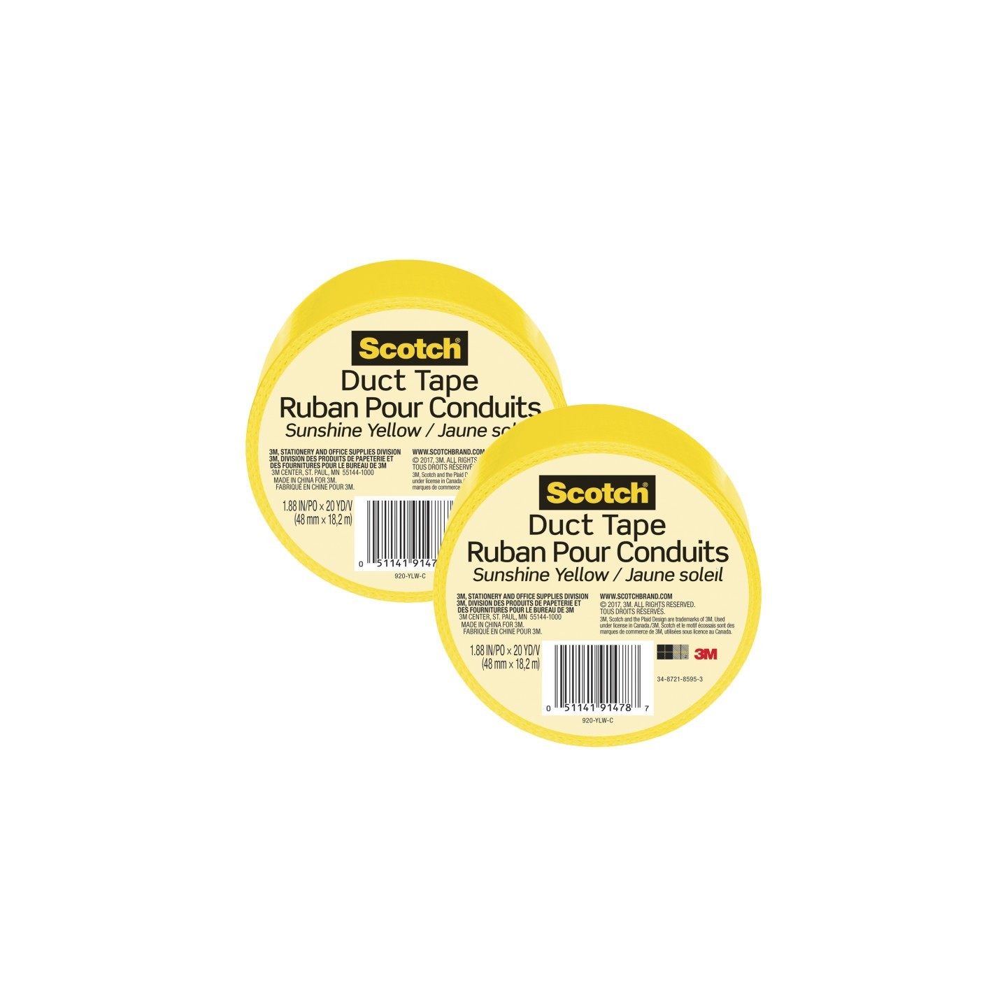 Scotch® Duct Tape for Artists, 1.88 in x 20 yd (48 mm x 18.2 m), Sunshine Yellow, Pack of 2