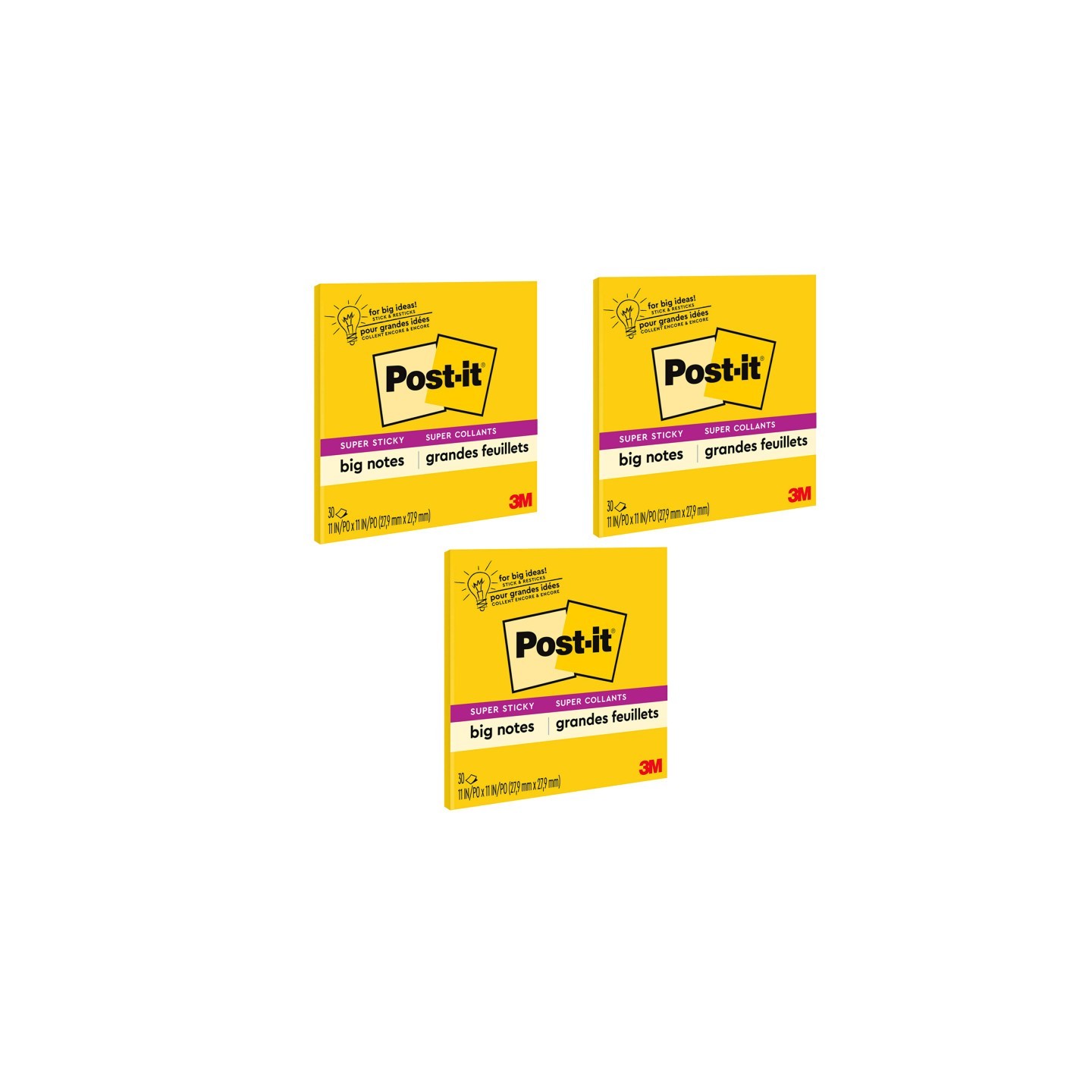 Post-it® Super Sticky Big Note, 11 in. x 11 in., Yellow, 30 Sheets/Pad, Pack of 3