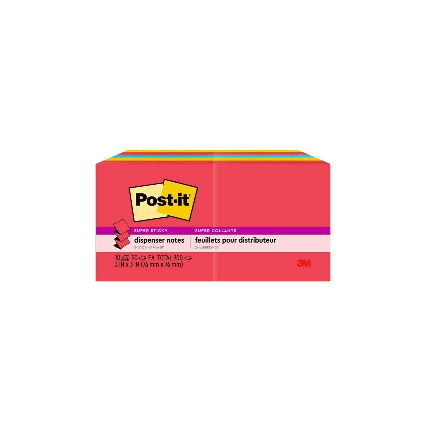 Post-it® Super Sticky Dispenser Pop-up Notes, 3 in x 3 in, Playful Primaries Collection, 10 Pads