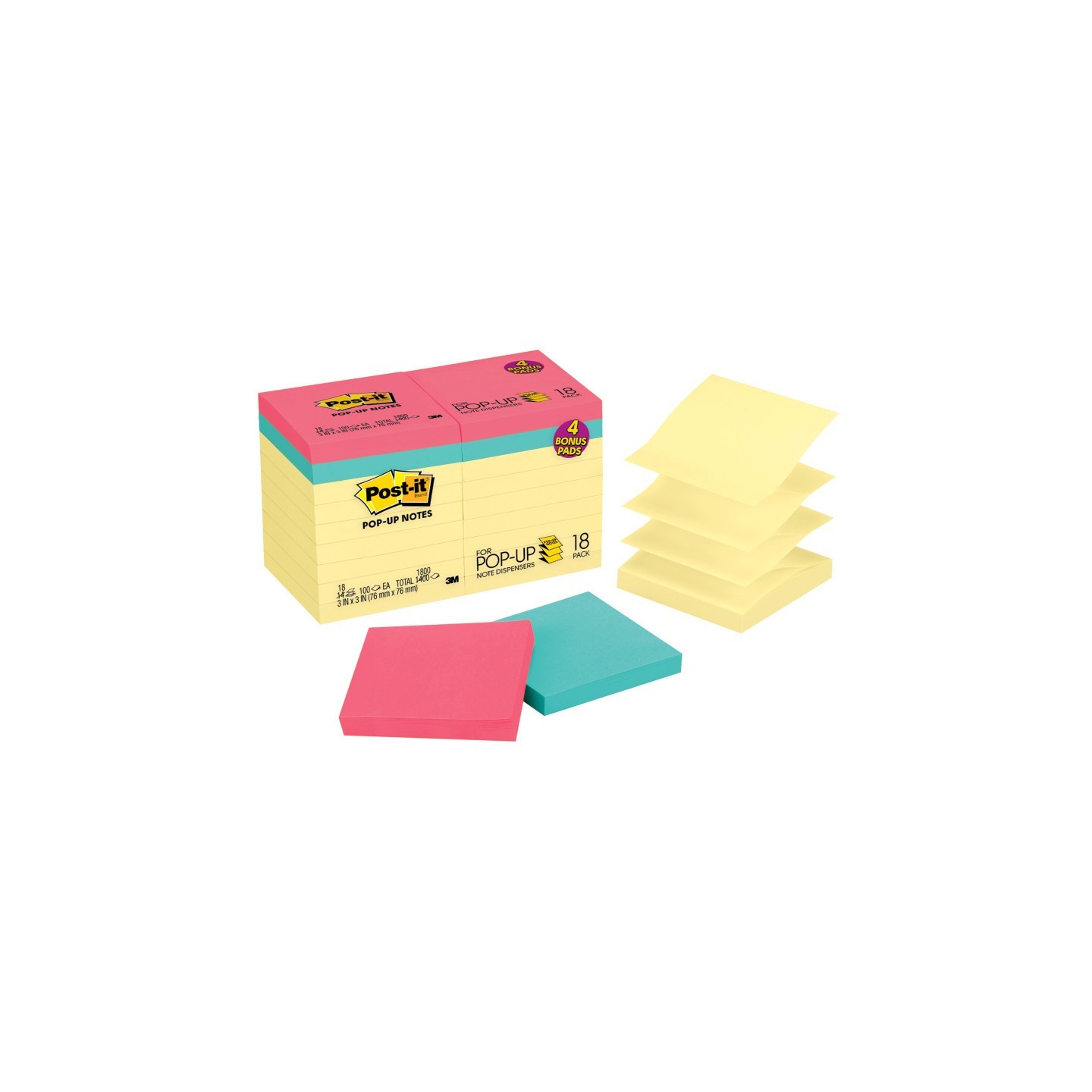 Post-it® Dispenser Pop-up Notes Value Pack, 3 in x 3 in, Canary Yellow, 14 Pads plus 4 Pads in Assorted Color