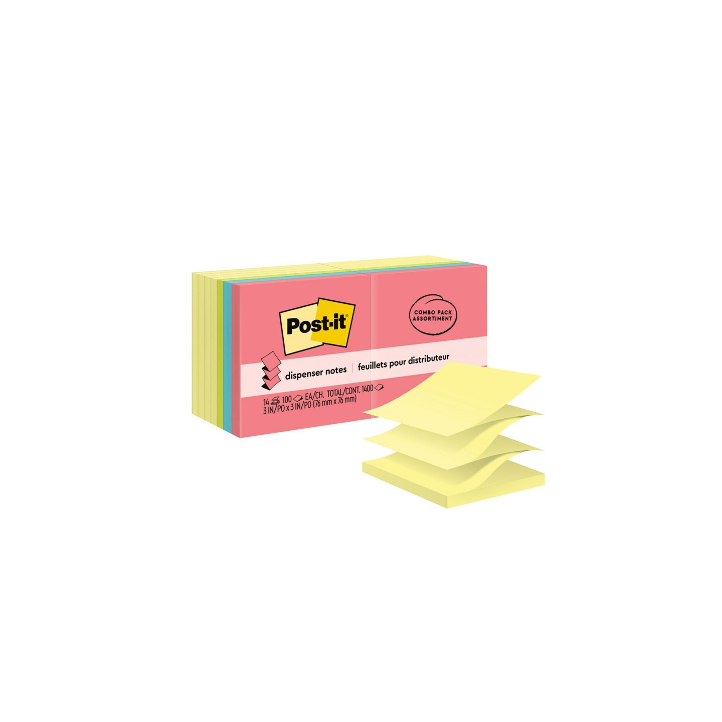 Post-it® Dispenser Pop-up Notes Value Pack, 3 in x 3 in, Canary Yellow + Assorted, 14 Pads/Pack