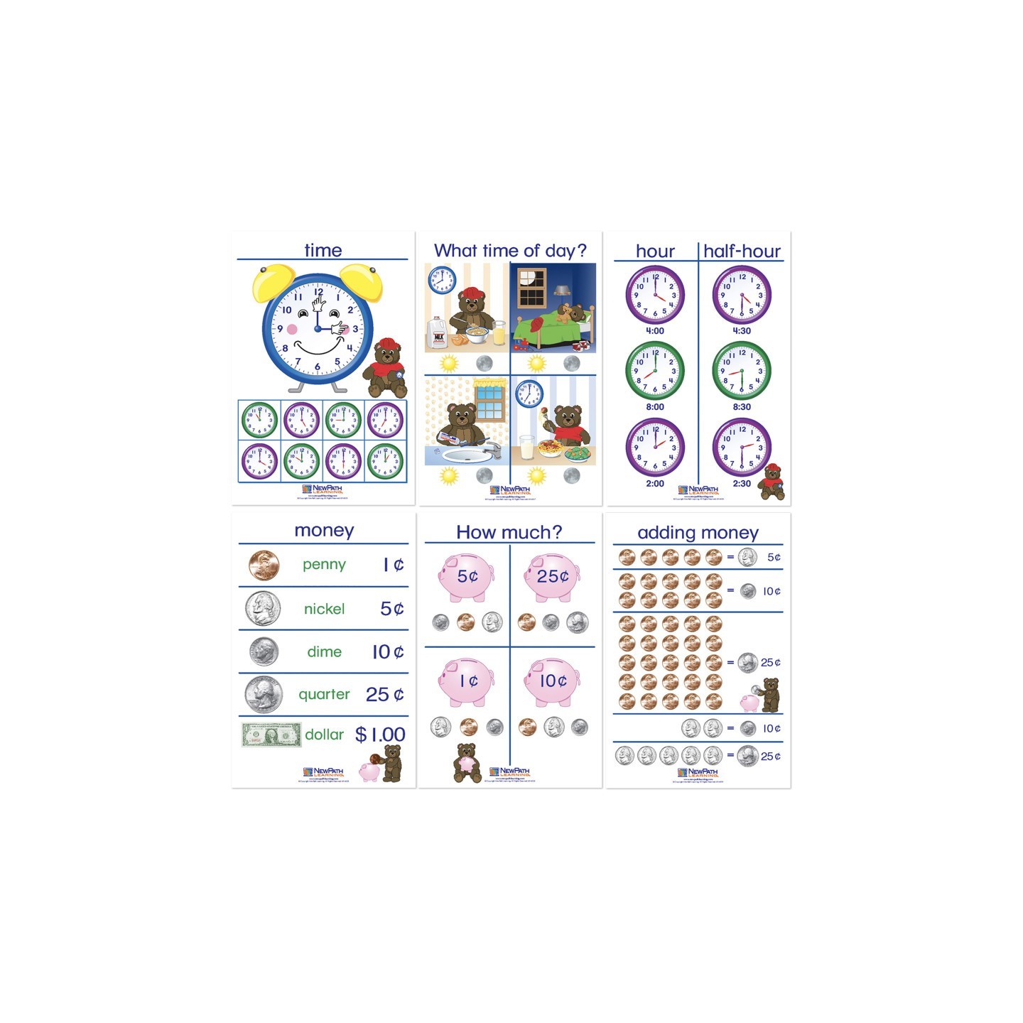 NewPath Learning Time & Money Bulletin Board Charts, Set of 6, English Edition