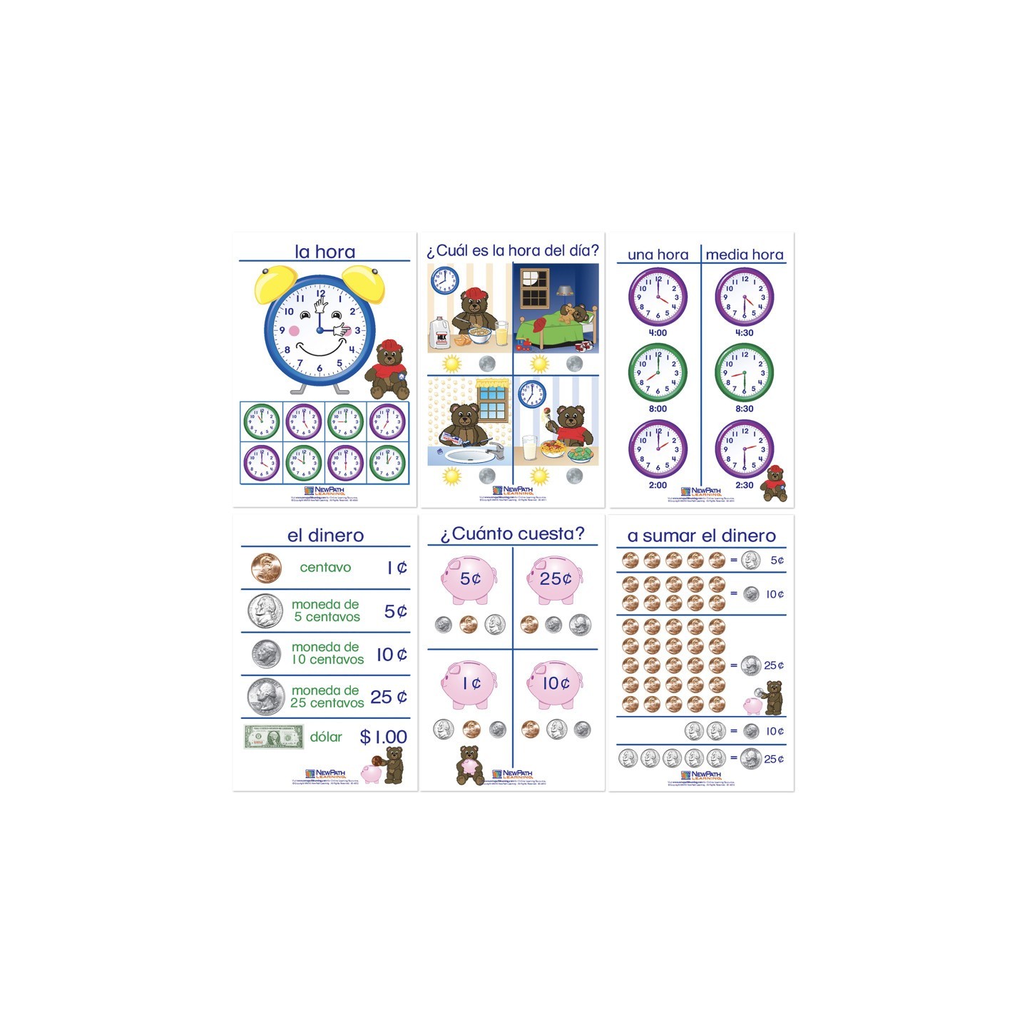 NewPath Learning Time & Money Bulletin Board Charts, Set of 6, Spanish Edition