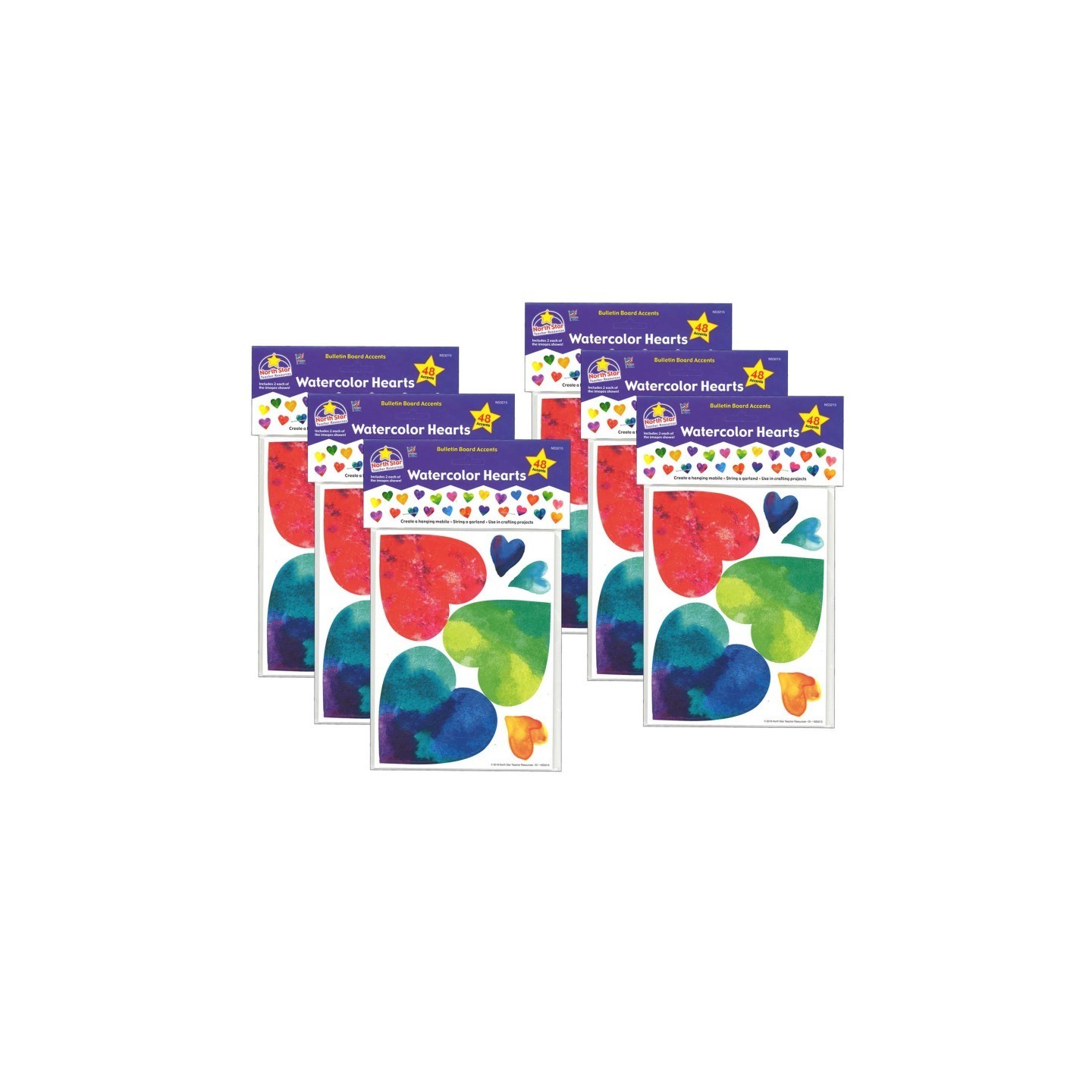 North Star Teacher Resources Watercolor Hearts Bulletin Board Accents, 48 Per Pack, 6 Packs