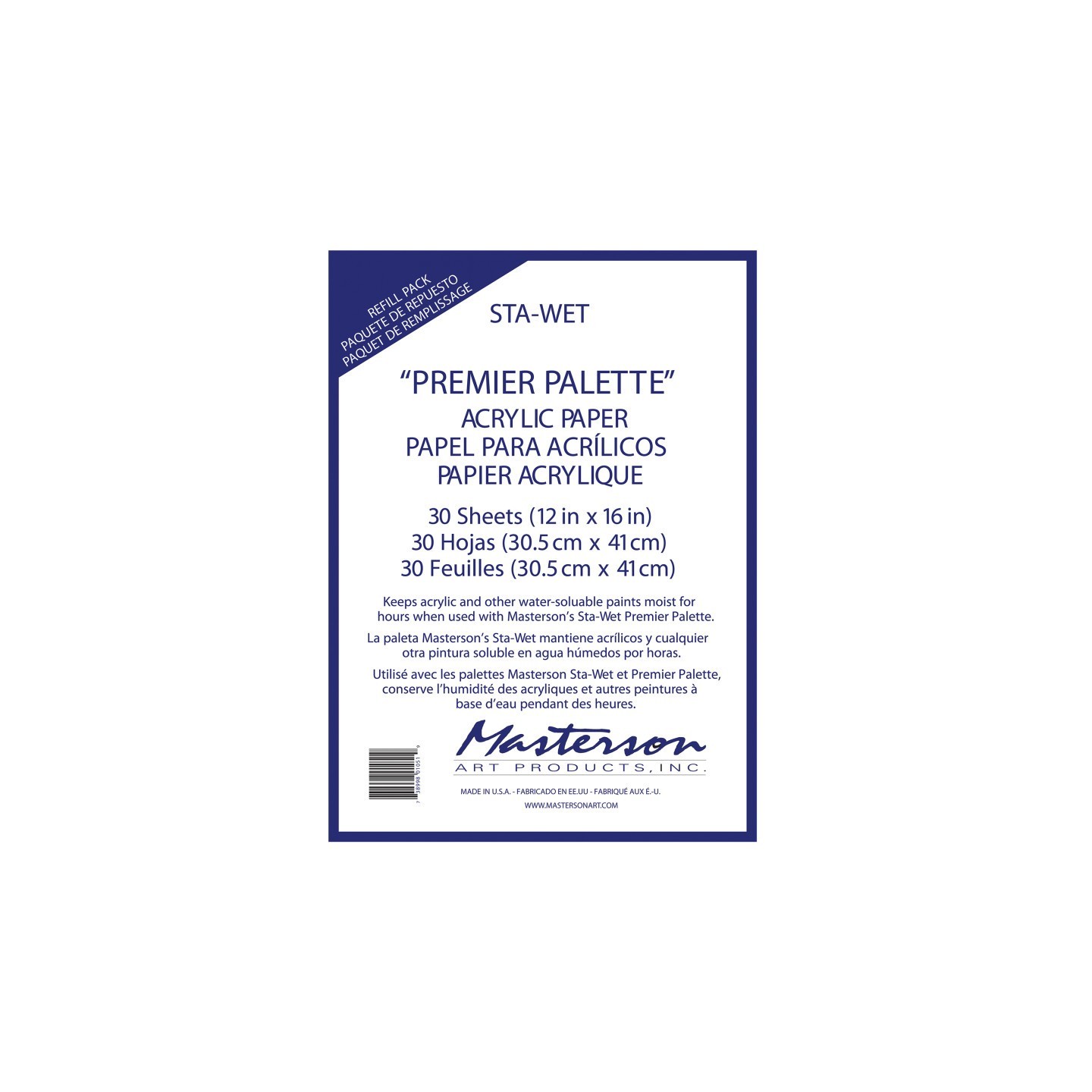 Masterson Art Products Sta-Wet® Premier Palette Acrylic Paper Refill Pack, 12x16 in, Set of 30