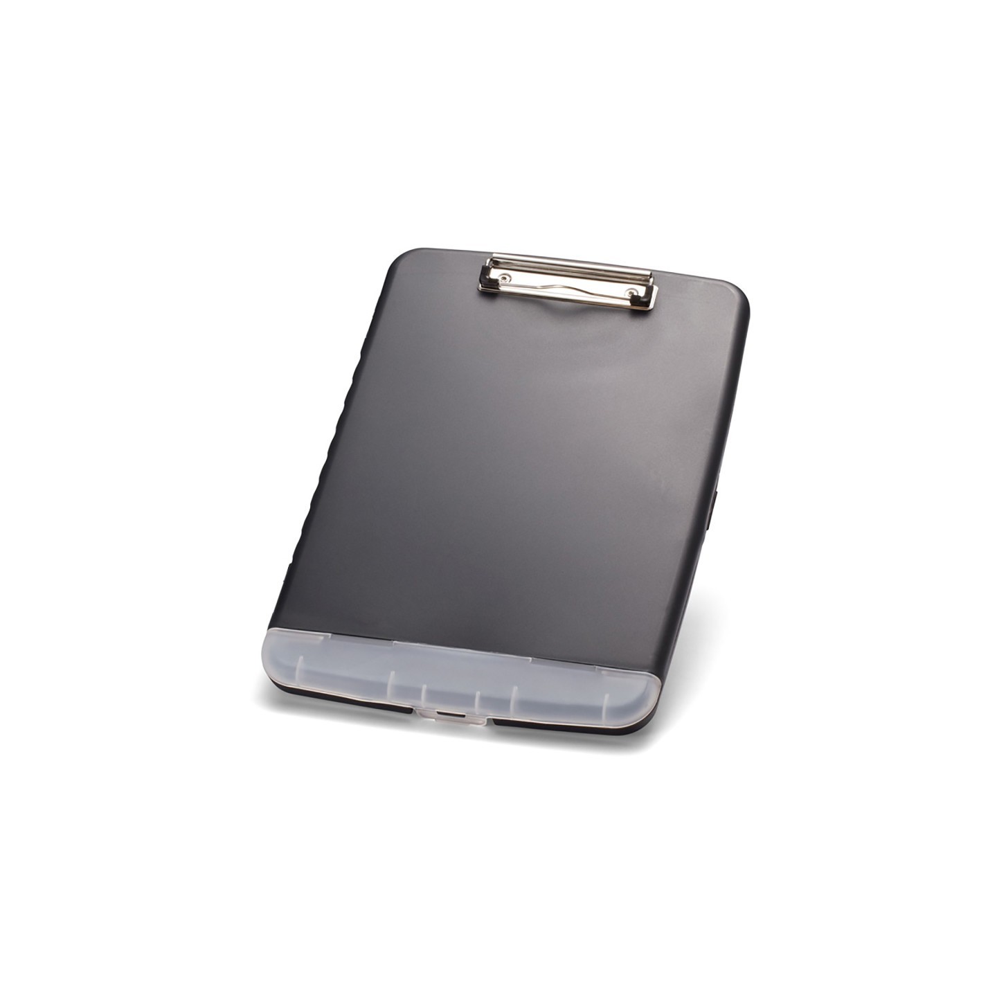 Officemate® Slim Clipboard Storage Box, Low Profile Clip & Storage Compartment, Charcoal