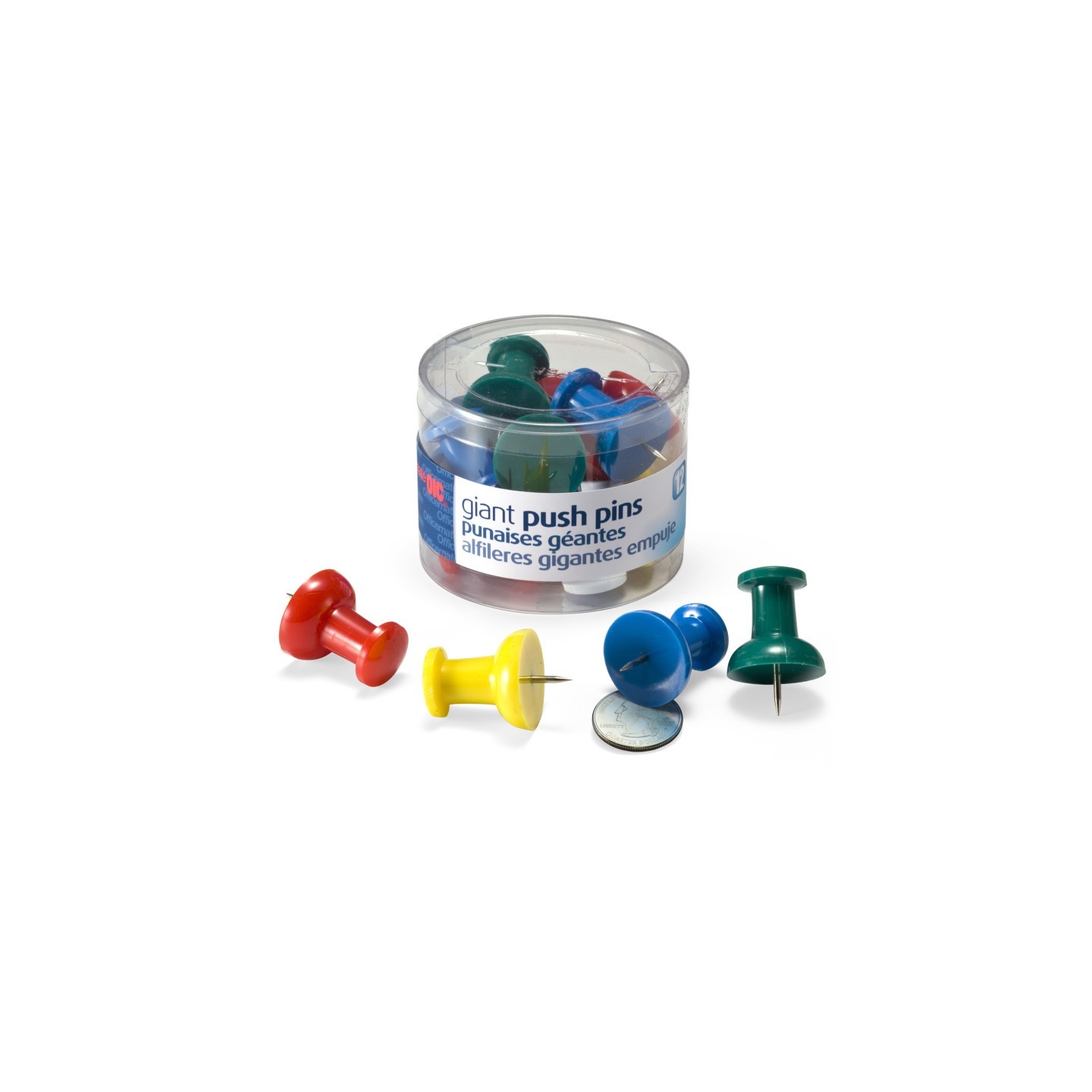 Officemate® Giant Push Pins, 1.5 in w .434in Pins, Tub of 12