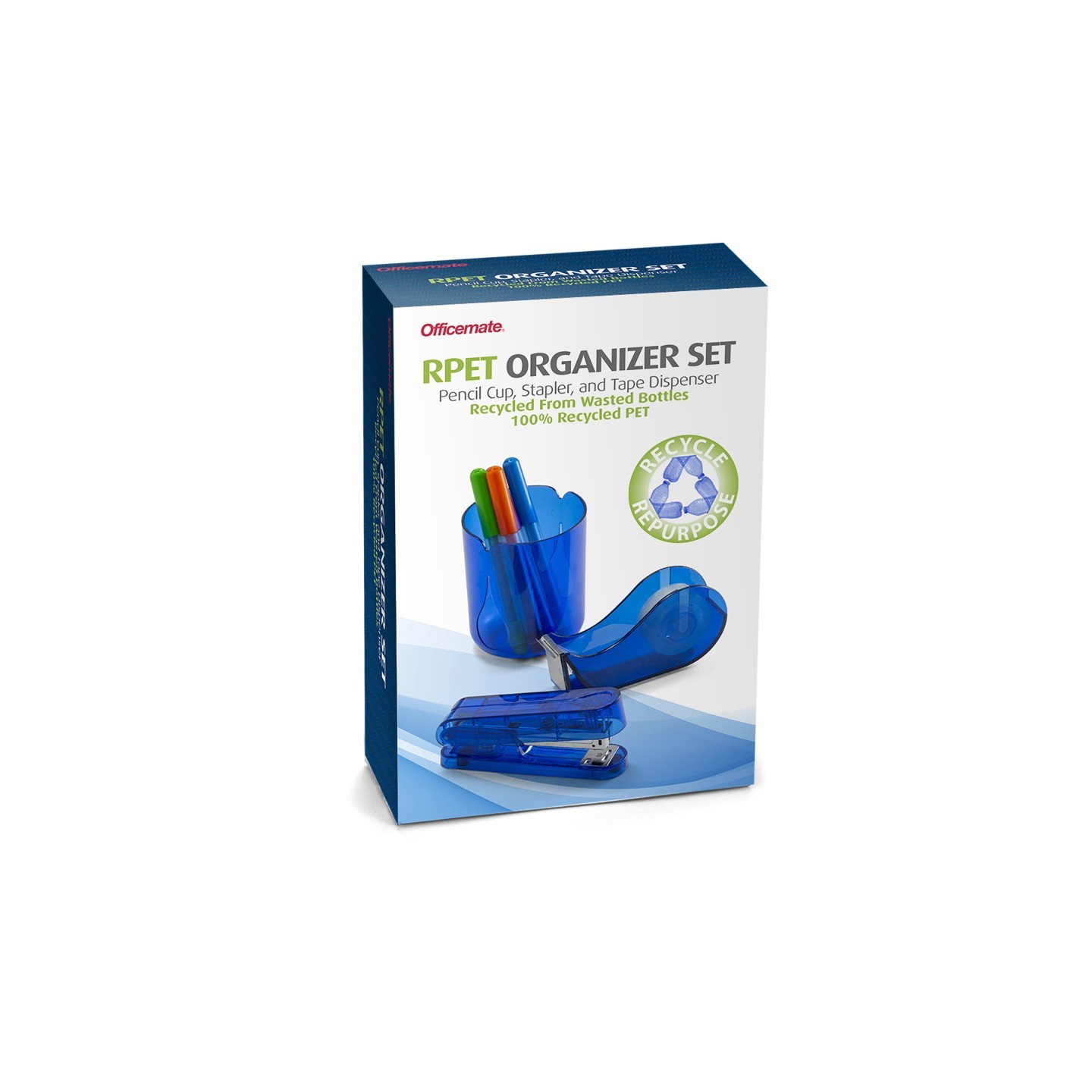 Officemate® 3-Piece Organizer Set, Pencil Cup, Stapler, Tape Dispenser, Made from Recycled Bottles