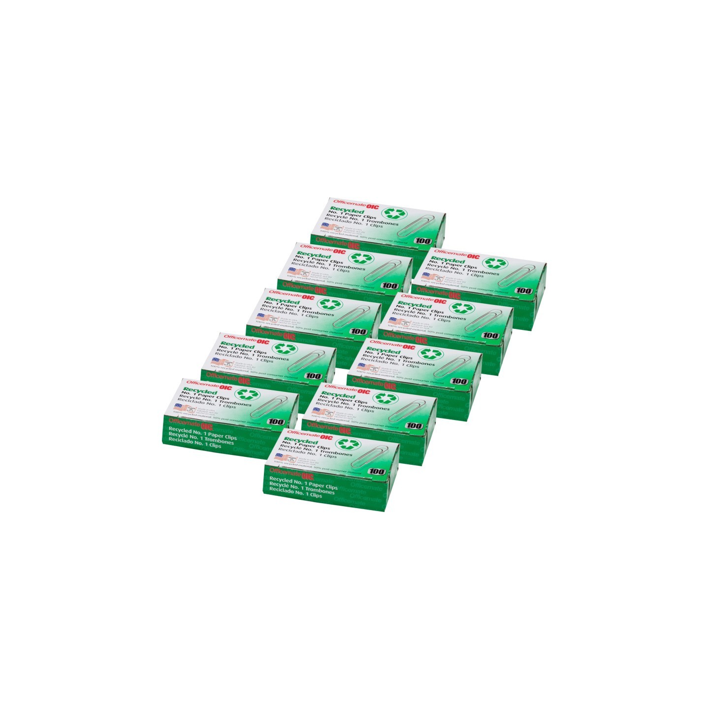 Officemate® Recycled Paper Clips, #1 Gem, 100 Per Box, 10 Boxes