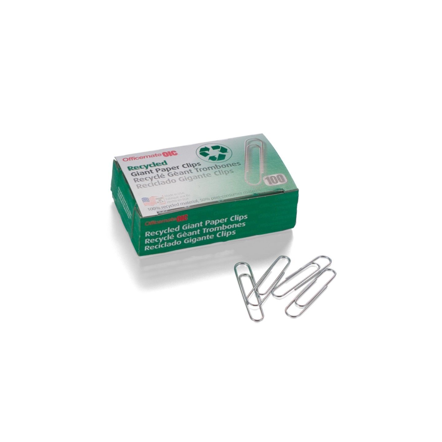Officemate® Recycled Paper Clips, Giant Gem, 100/Box