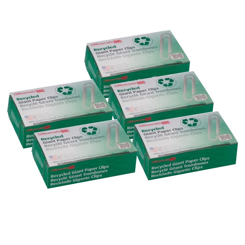 Officemate® Recycled Paper Clips, Giant Gem, 100/Box, 5 Boxes