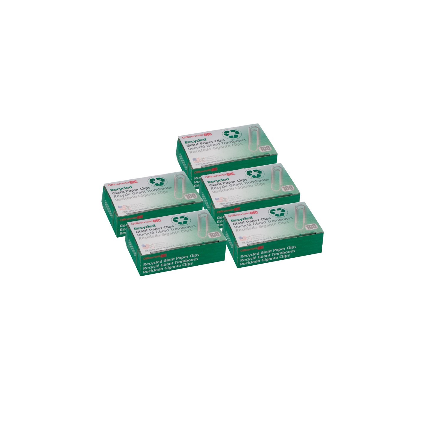 Officemate® Recycled Paper Clips, Giant Gem, 100/Box, 5 Boxes