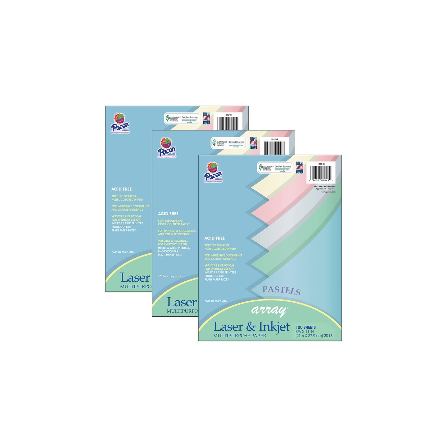 Pacon® Pastel Multipurpose Paper Array, 8-1/2" x 11", 100 Sheets Per Pack, 3 Packs