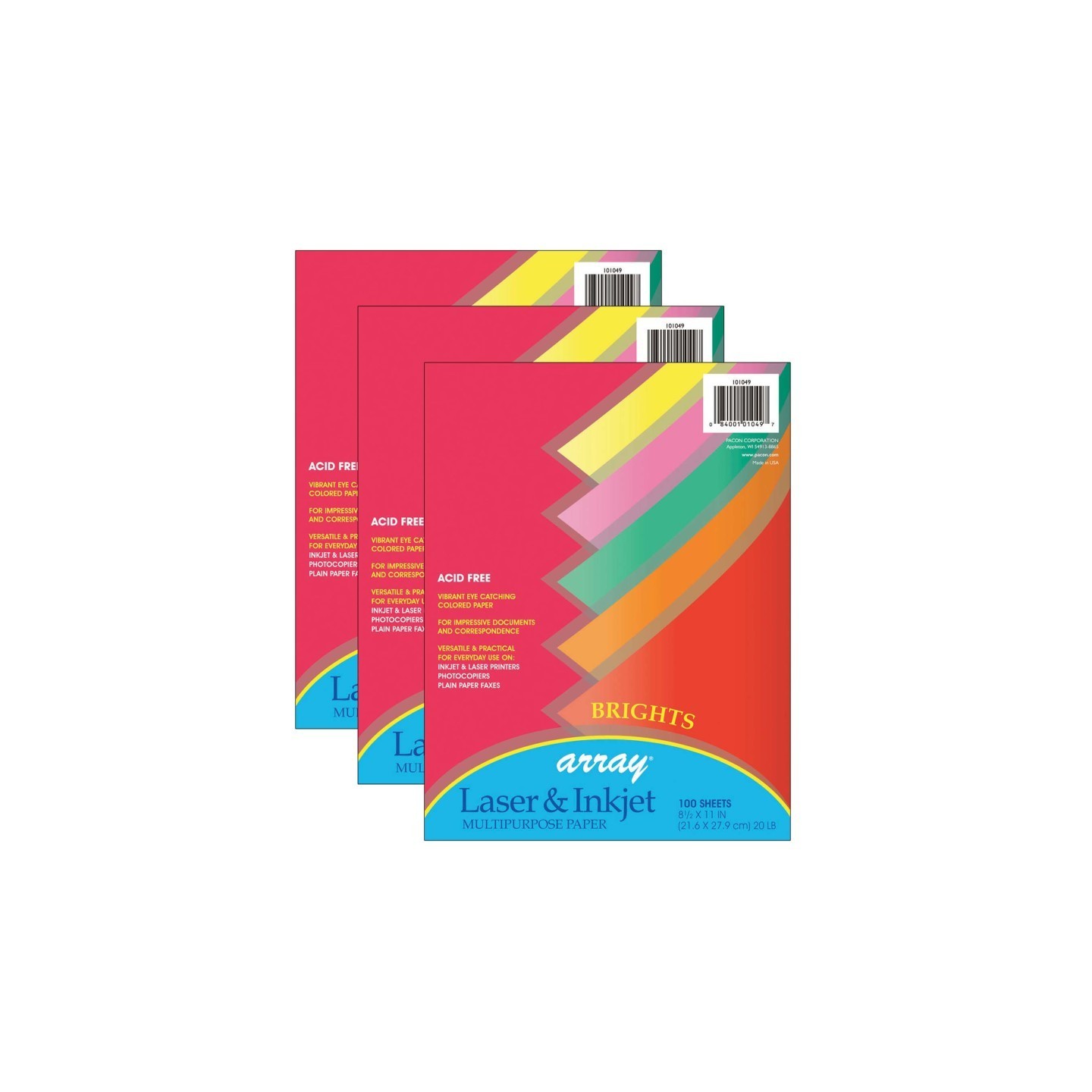 Pacon® Bright Multi-Purpose Paper, 5 Assorted Colors, 20 lb., 8-1/2" x 11", 100 Sheets Per Pack, 3 Packs