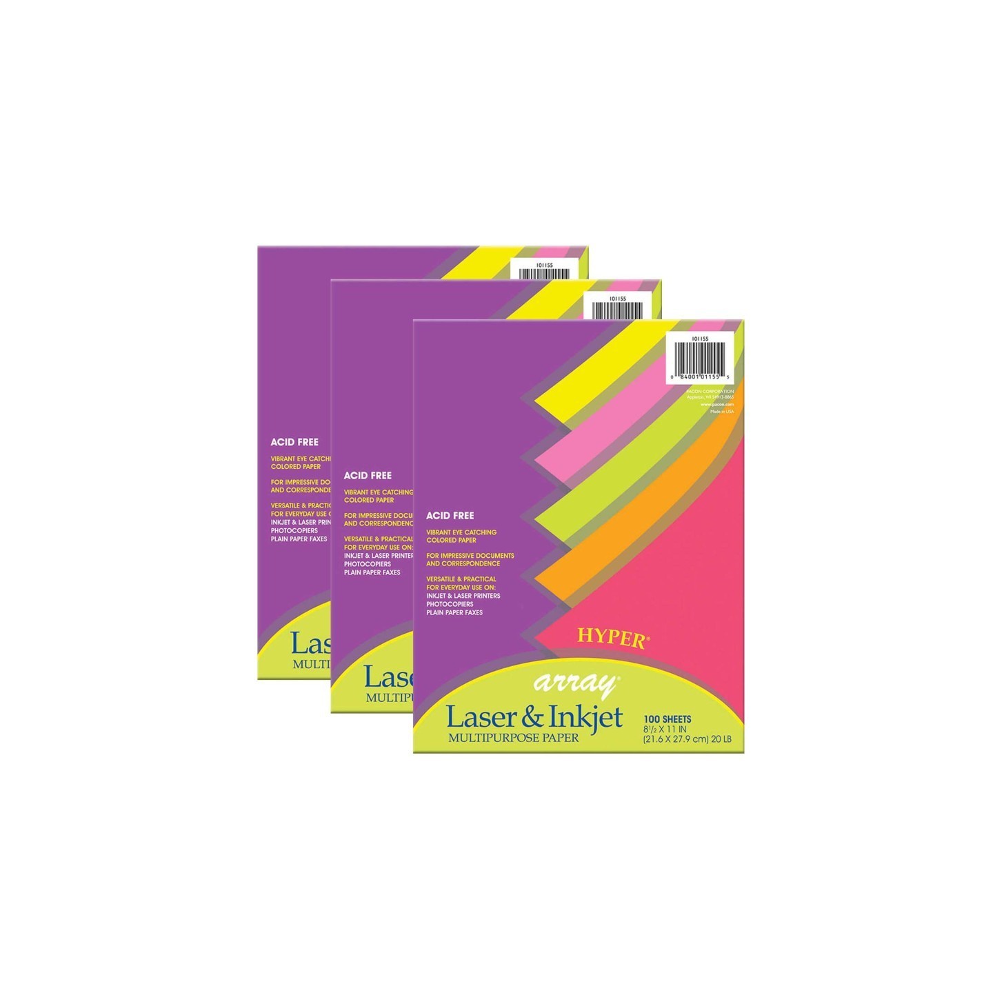 Pacon® Hyper Multi-Purpose Paper, 5 Assorted Colors, 20 lb., 8-1/2" x 11", 100 Sheets Per Pack, 3 Packs
