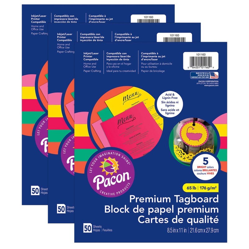 Pacon® Premium Tagboard, 5 Assorted Bright Colors, 8-1/2" x 11", 50 Sheets Per Pack, 3 Packs