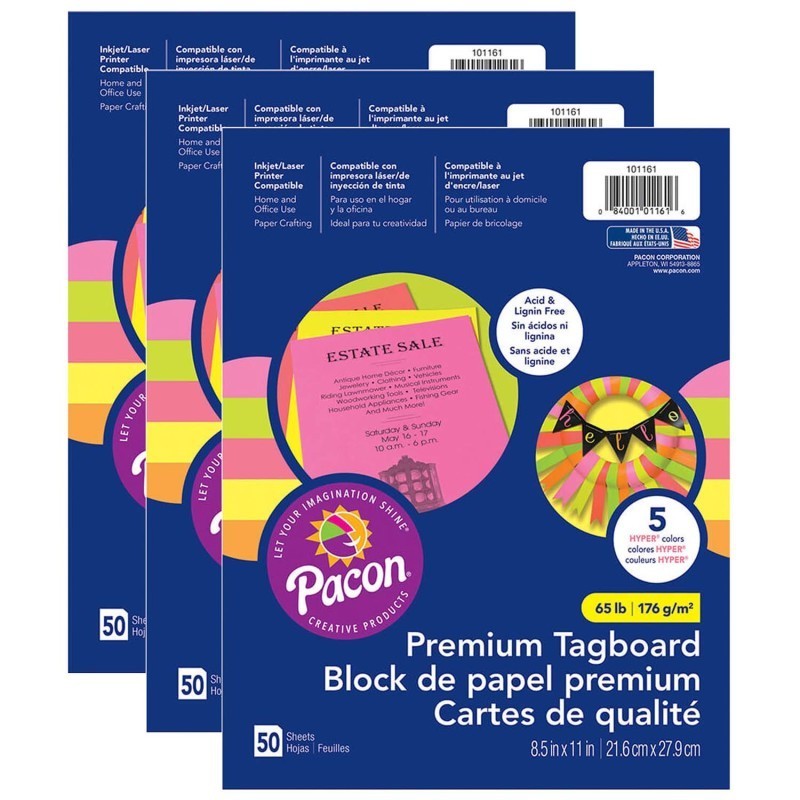 Pacon® Premium Tagboard, 5 Assorted Hyper Colors, 8-1/2" x 11", 50 Sheets Per Pack, 3 Packs
