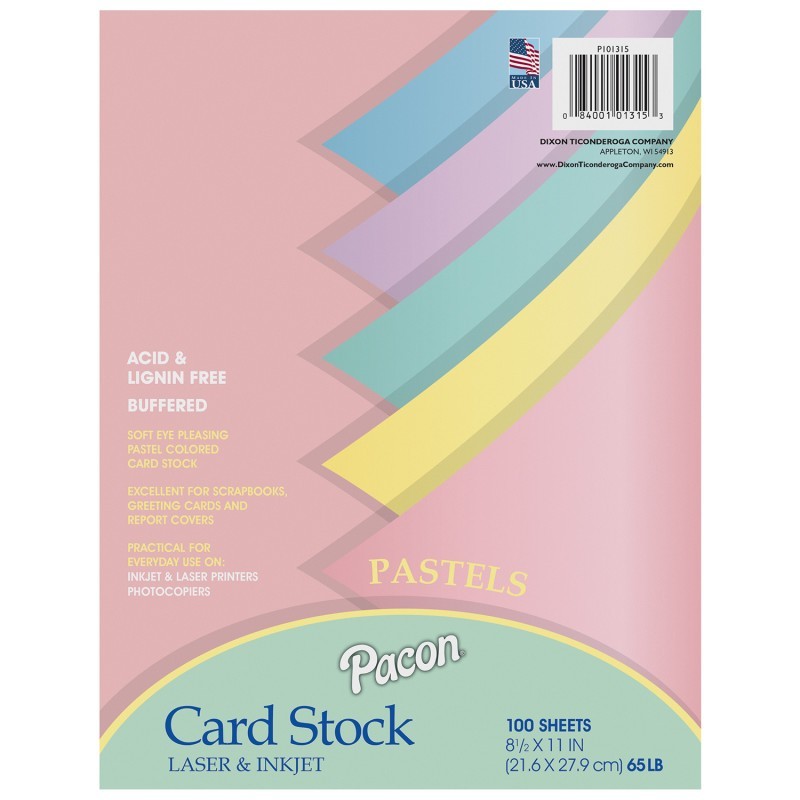 Pacon® Pastel Card Stock, 5 Assorted Colors, 8-1/2" x 11", 100 Sheets