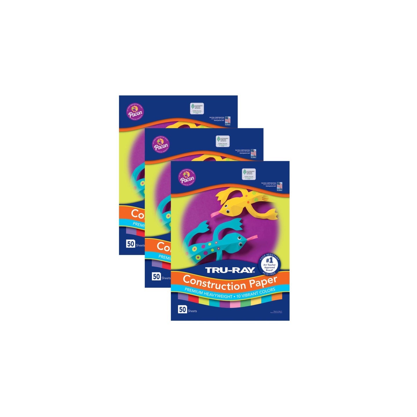 Tru-Ray® Construction Paper, Heavyweight, Vibrant Assortment, 10 Vibrant Colors, 12" x 18", 50 Sheets Per Pack, 3 Packs