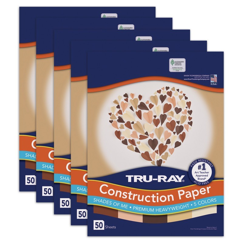 Tru-Ray® Shades of Me Construction Paper, Heavyweight, 5 Assorted Skin Tone Colors, 9" x 12", 50 Sheets Per Pack, 5 Packs