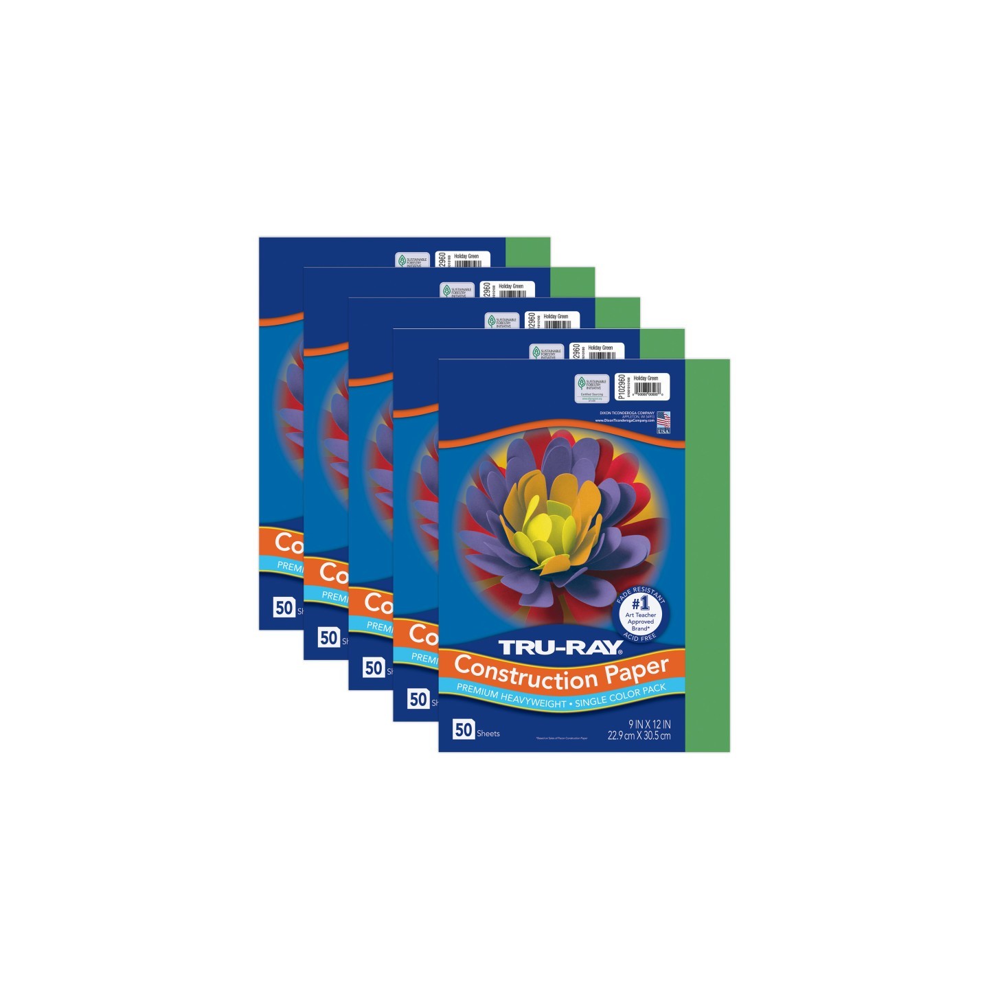 Tru-Ray® Construction Paper, Heavyweight, Holiday Green, 9" x 12", 50 Sheets Per Pack, 5 Packs