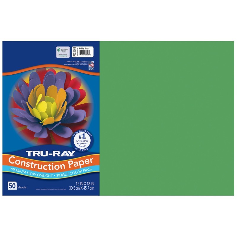 Tru-Ray® Construction Paper, Heavyweight, Holiday Green, 12" x 18", 50 Sheets
