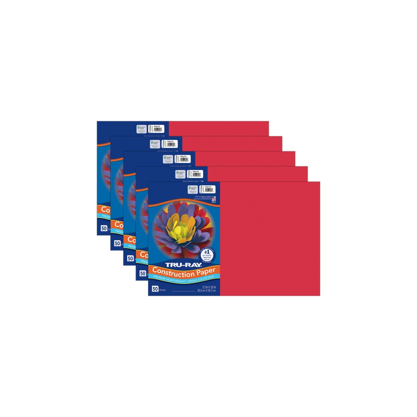 Tru-Ray® Construction Paper, Heavyweight, Holiday Red, 12" x 18", 50 Sheets Per Pack, 5 Packs