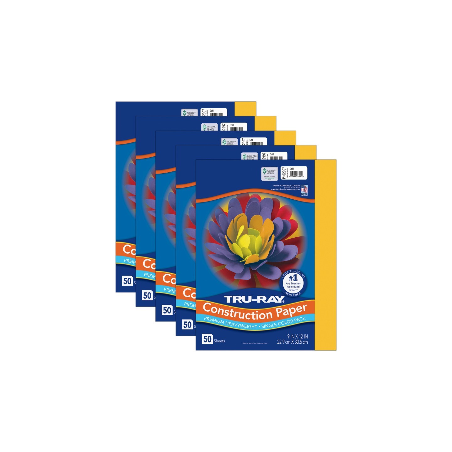 Tru-Ray® Construction Paper, Heavyweight, Gold, 9" x 12", 50 Sheets Per Pack, 5 Packs