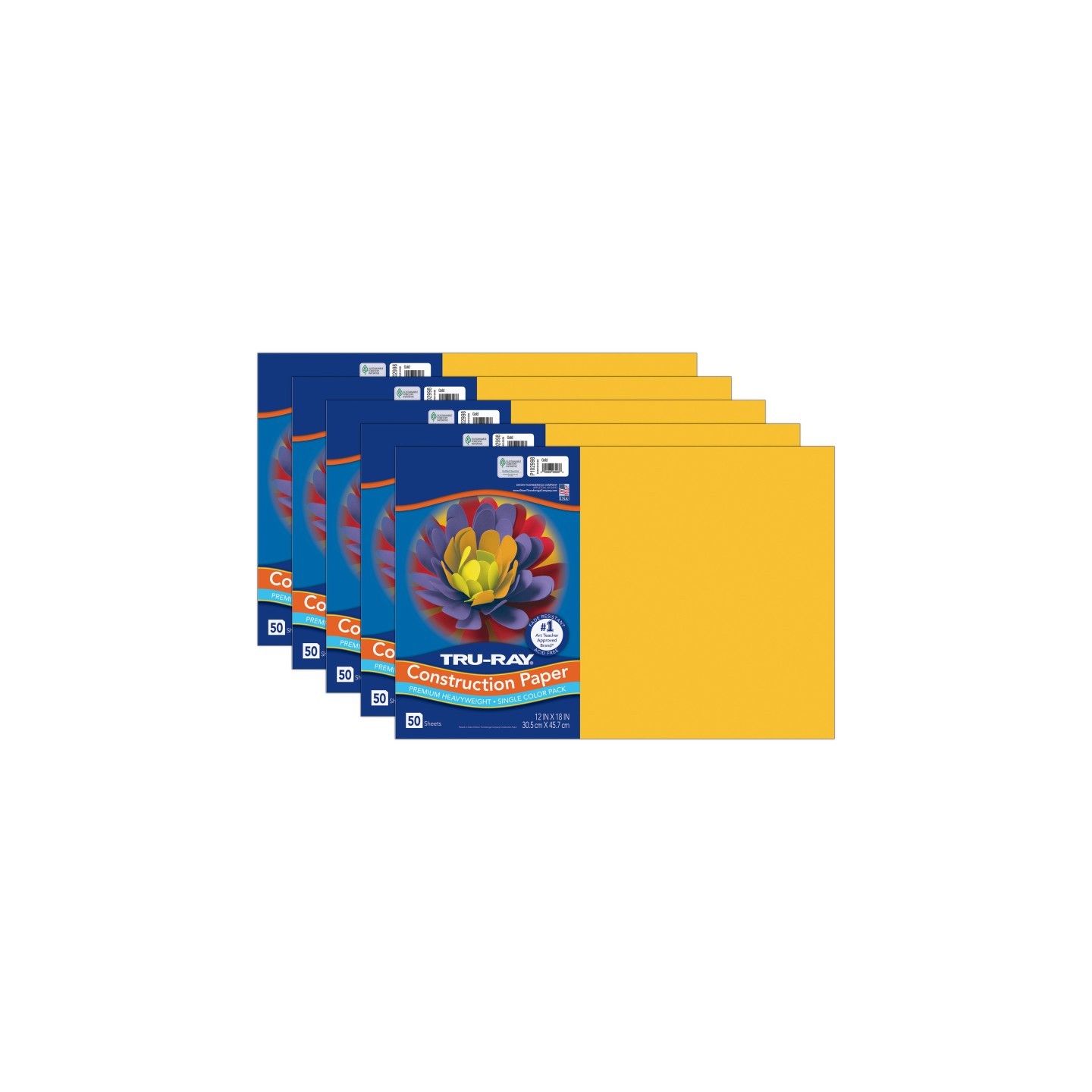Tru-Ray® Construction Paper, Heavyweight, Gold, 12" x 18", 50 Sheets Per Pack, 5 Packs