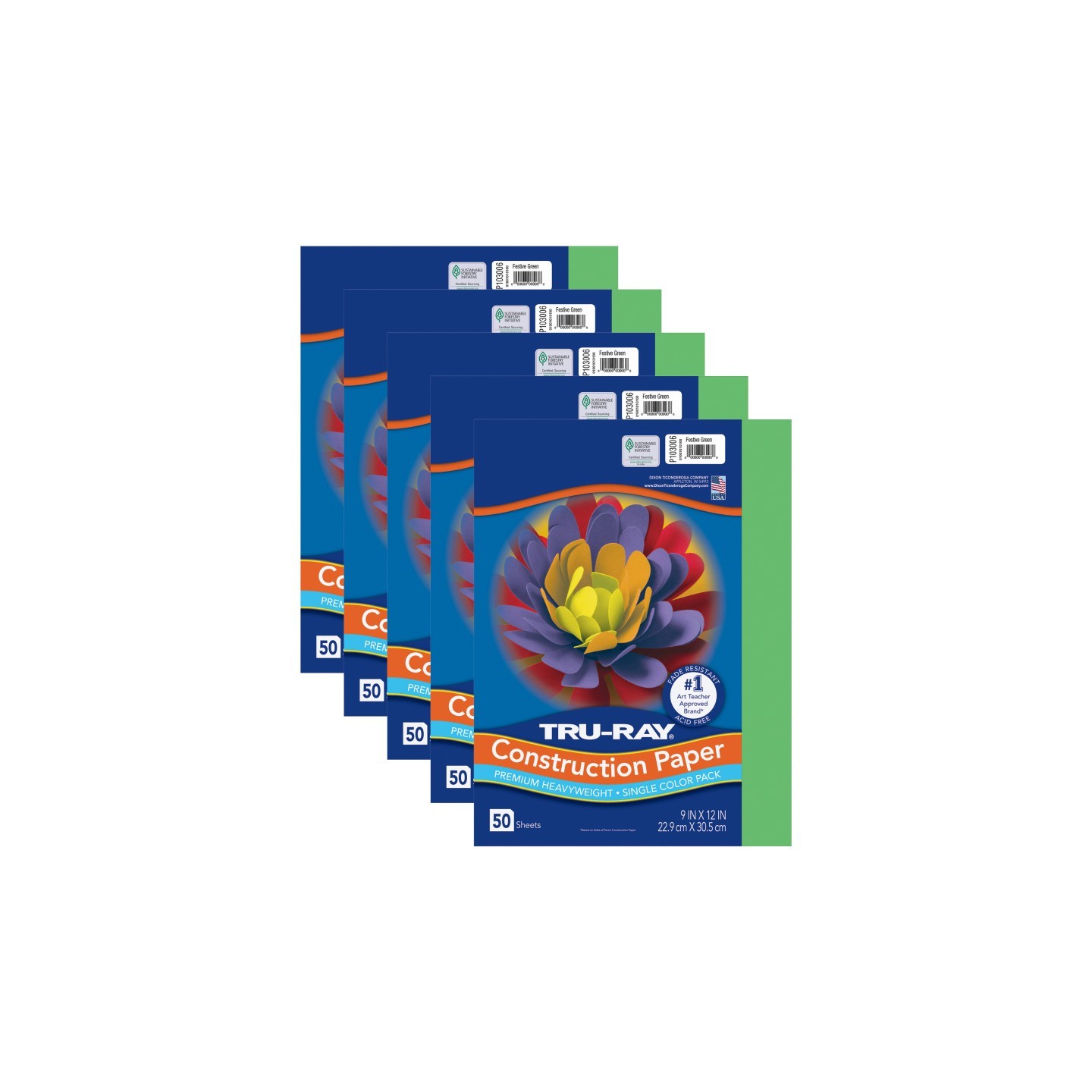 Tru-Ray® Construction Paper, Heavyweight, Festive Green, 9" x 12", 50 Sheets Per Pack, 5 Packs