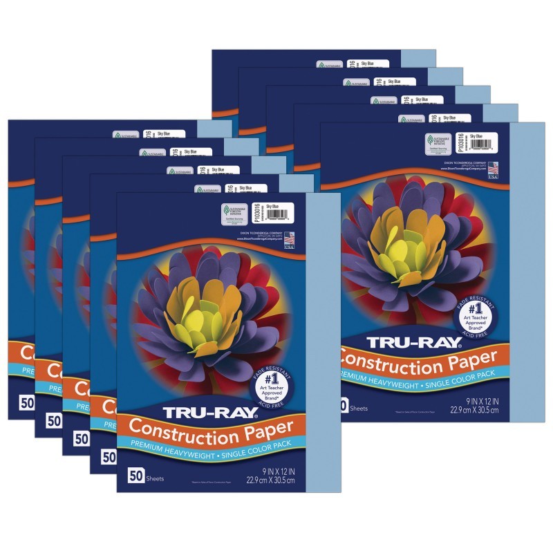 Tru-Ray® Construction Paper, Heavyweight, Sky Blue, 9" x 12", 50 Sheets Per Pack, 10 Packs