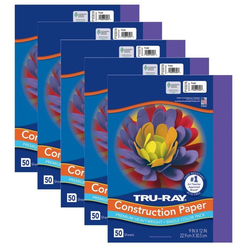Tru-Ray® Construction Paper, Heavyweight, Purple, 9" x 12", 50 Sheets Per Pack, 5 Packs